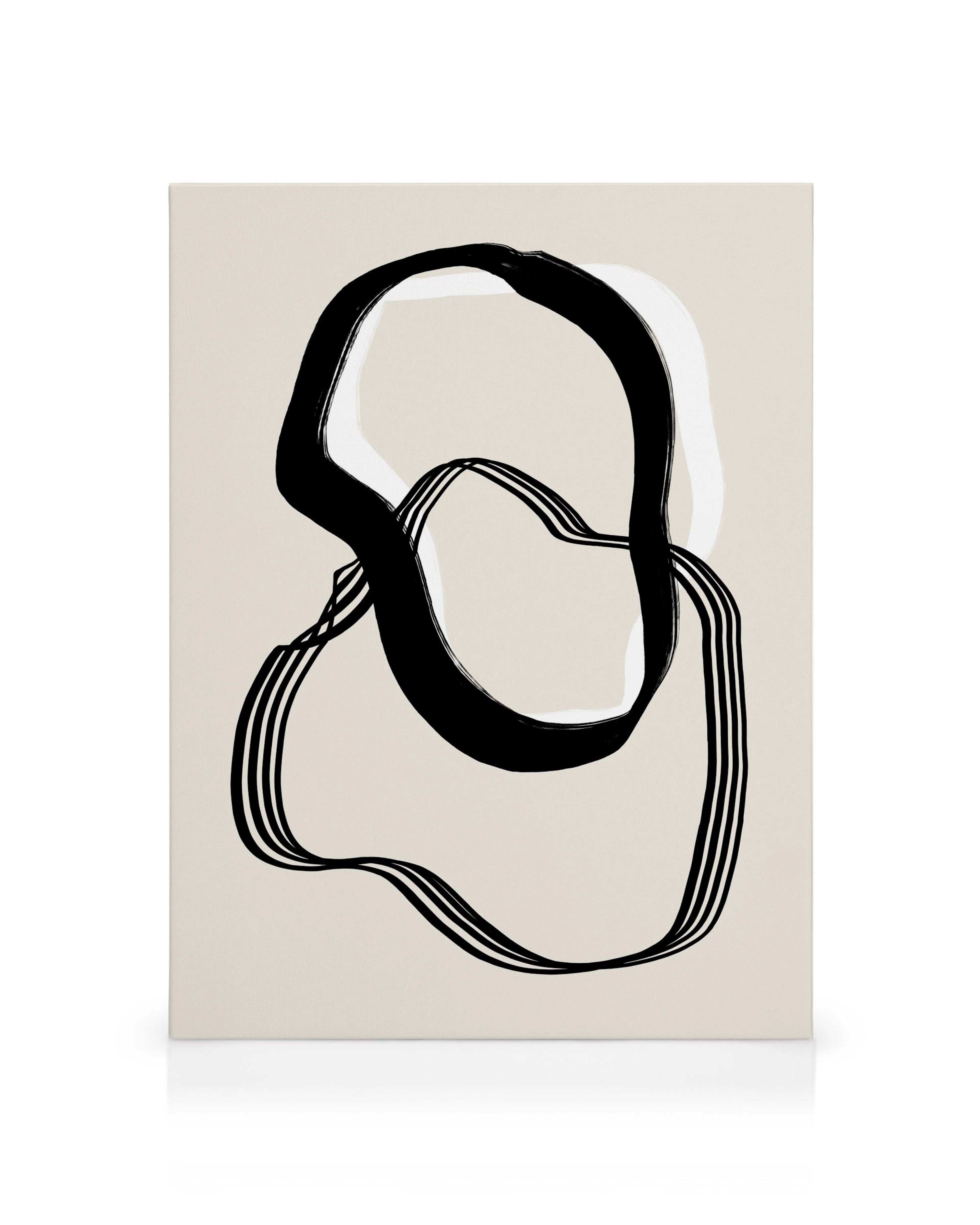 Abstract canvas print with black and white swirling lines on a beige background, perfect for modern home decor.