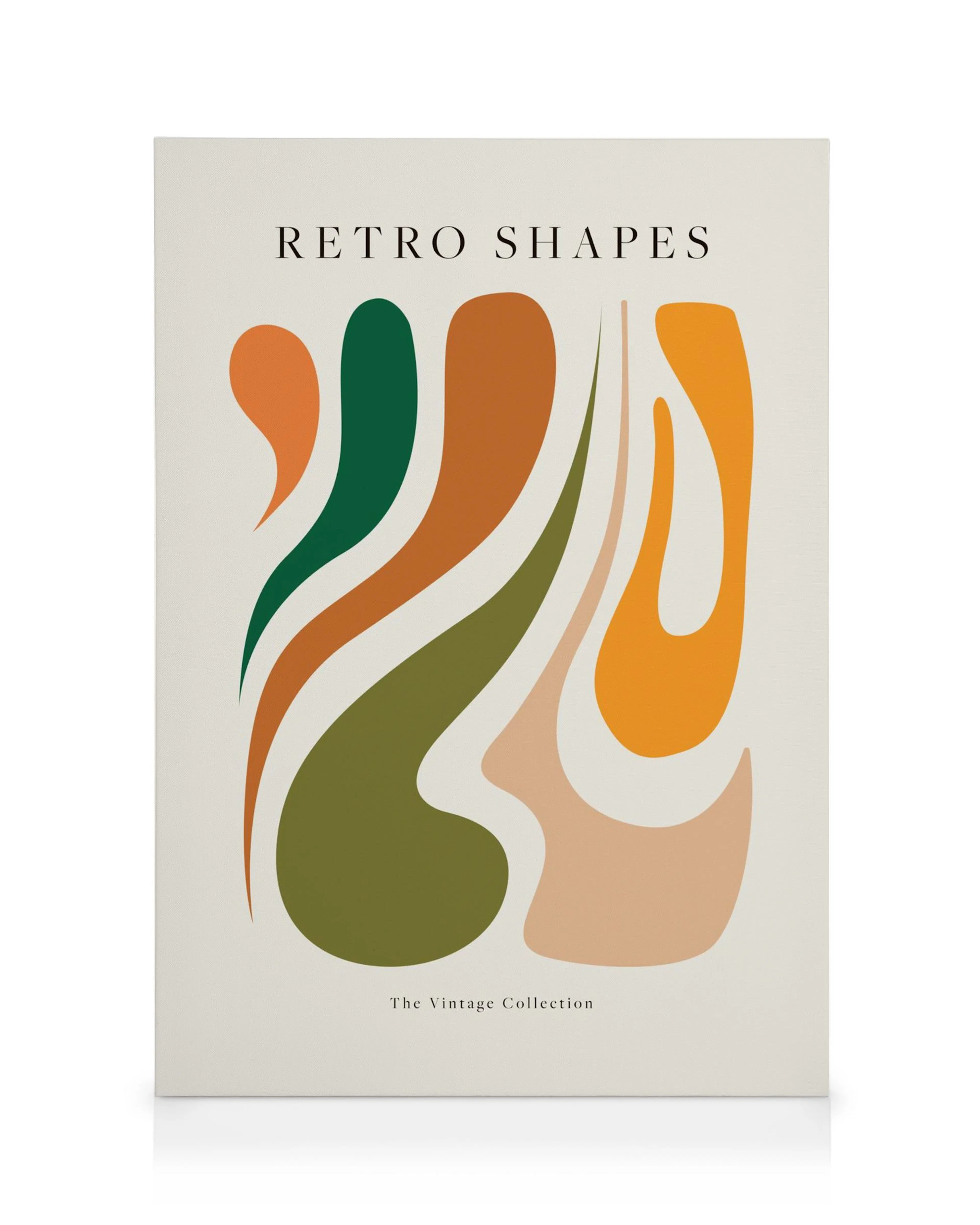 Toile rétro avec formes abstraites en vert, marron, orange et beige, typographie Retro Shapes et The Vintage Collection