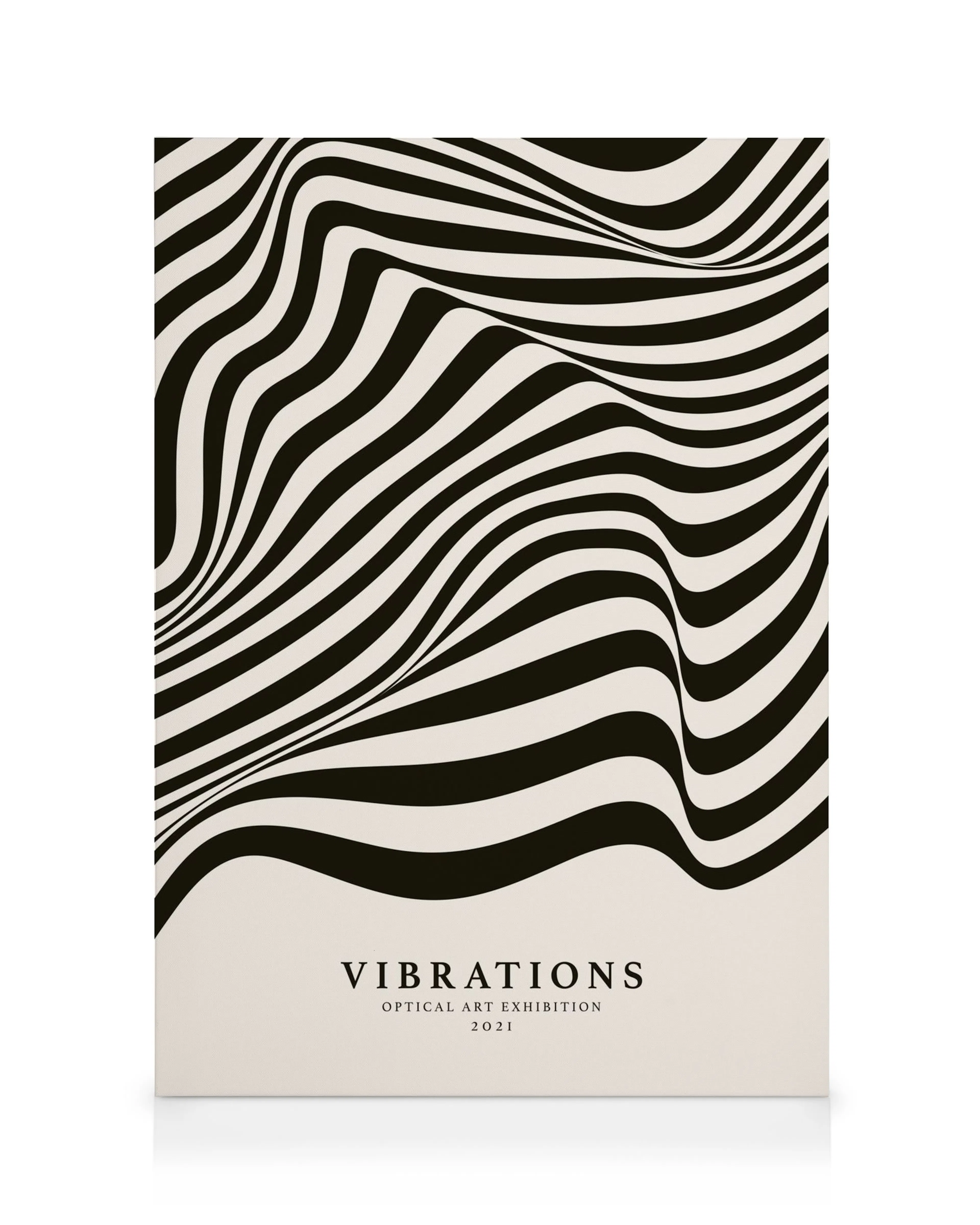 Stampa su tela Vibrations con motivo a onde nere su sfondo bianco, creando un effetto di movimento.