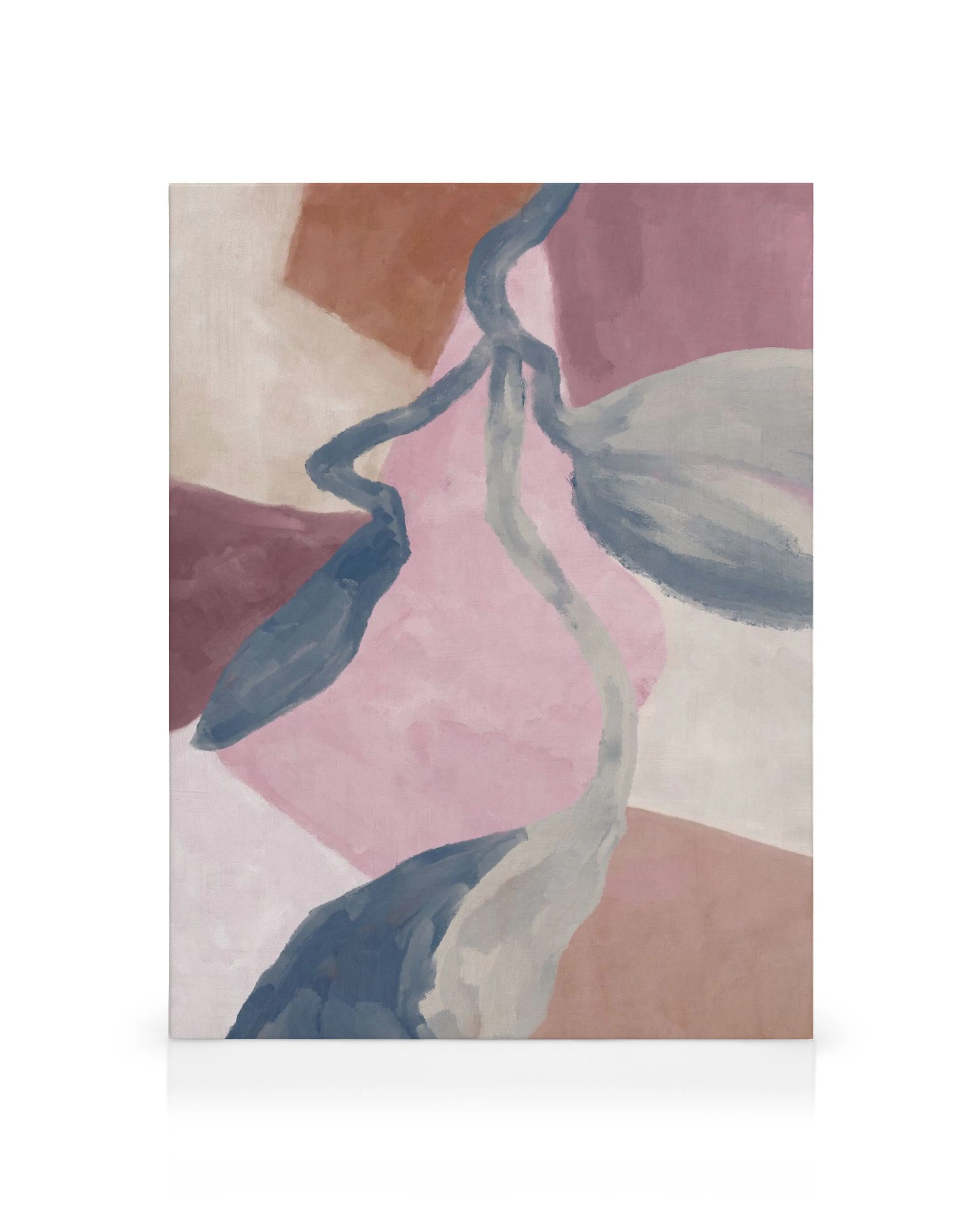 Abstract canvas met onregelmatige vormen in roze, bruin, grijs en wit, met een slingerende grijze lijn.