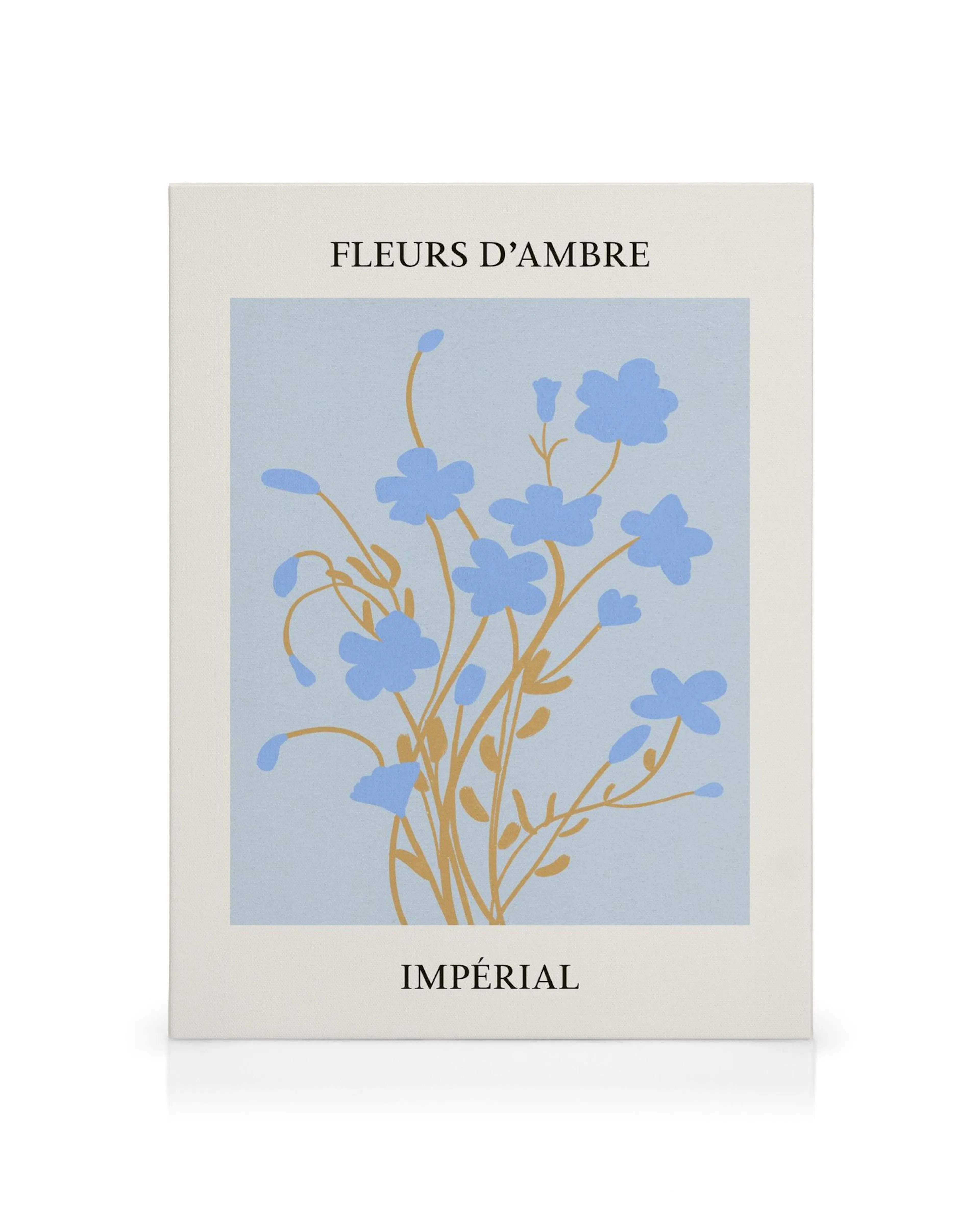 Lienzo Fleurs No2, tallos marrones y flores azules sobre fondo azul claro. Diseño floral minimalista.