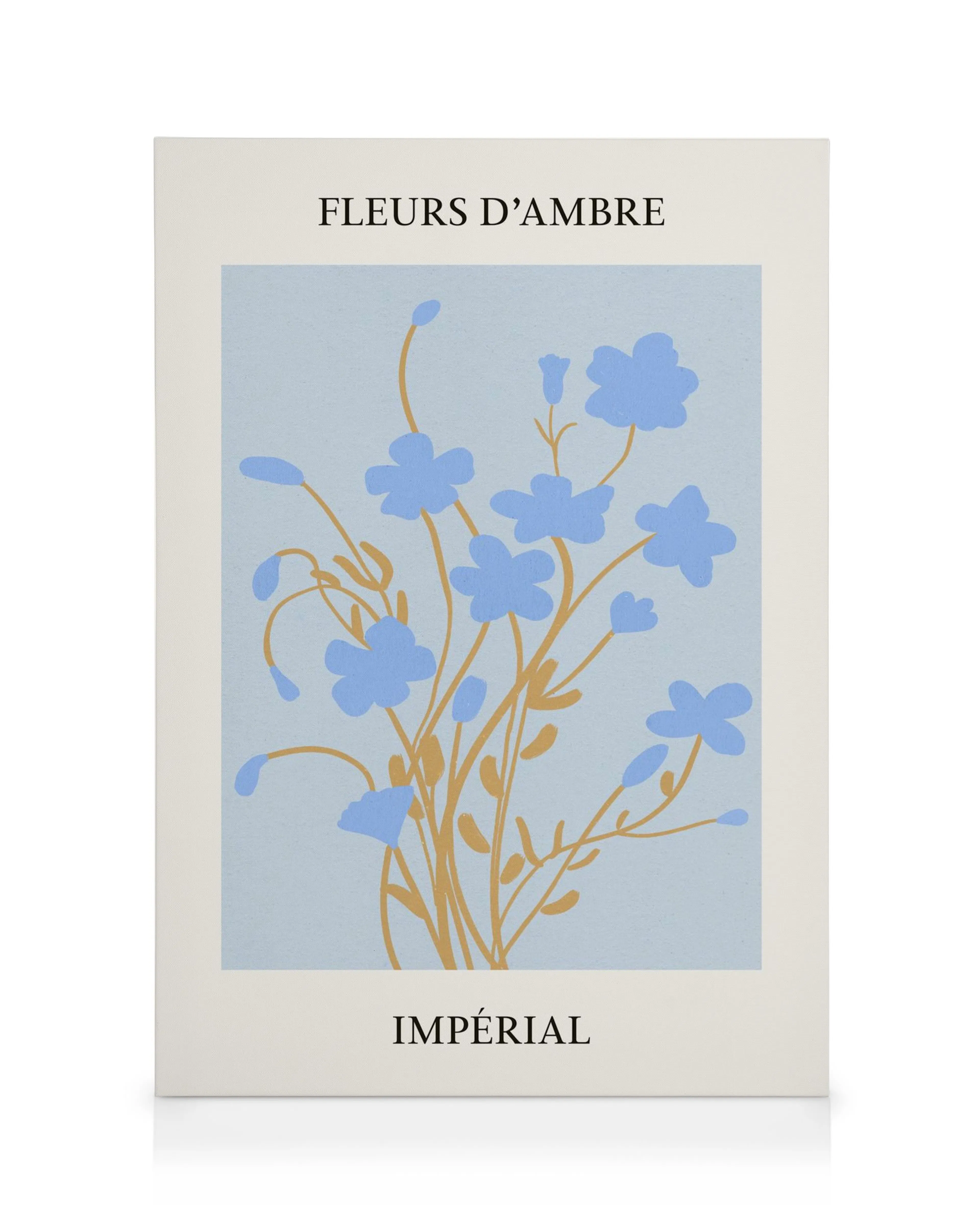 Toile Fleurs No2 avec des tiges marron et des fleurs bleues sur un fond bleu clair, typographie Fleurs dAmbre Impérial.