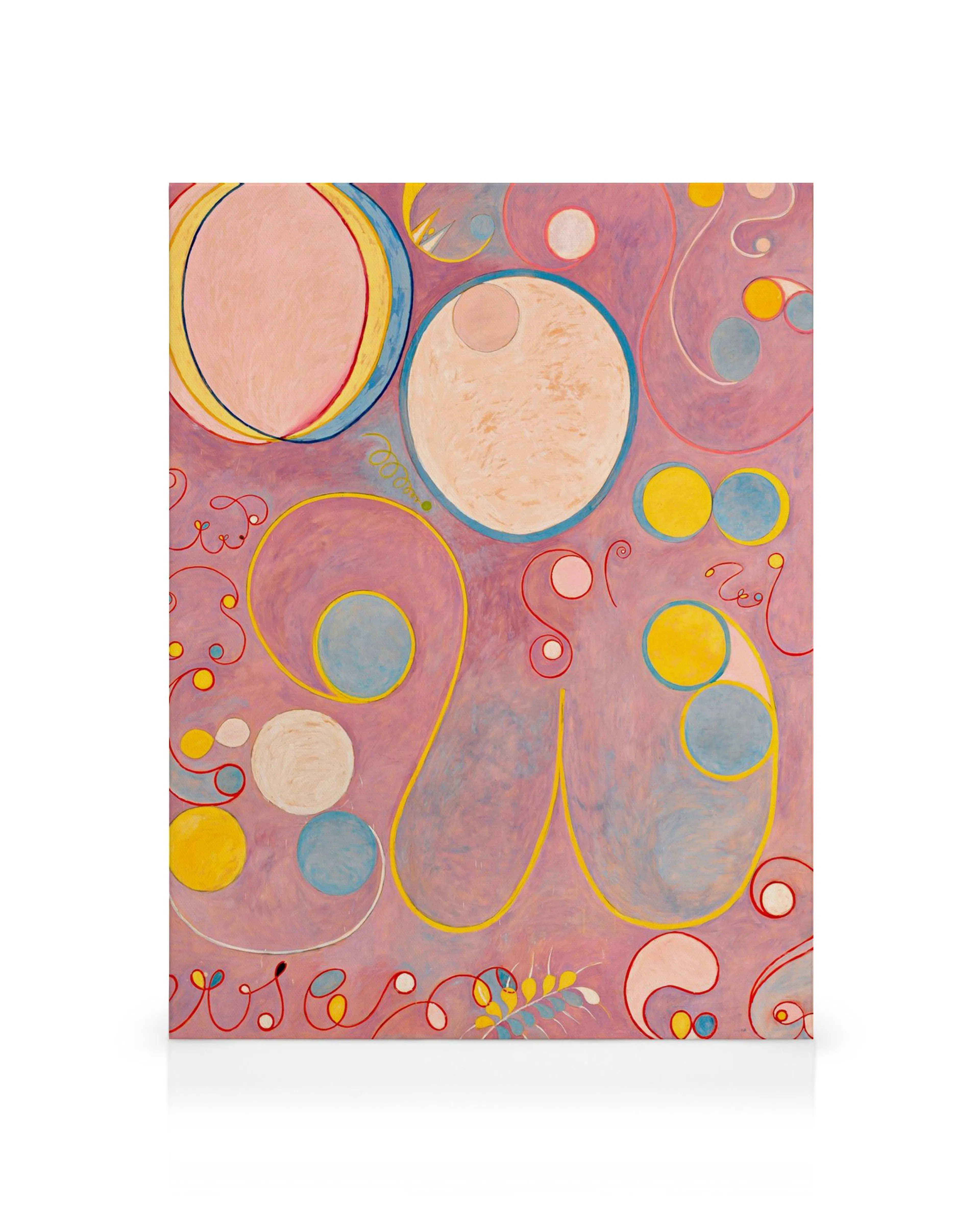 Hilma Af Klints The Ten Largest, No. 8, Adulthood canvas print with pink, yellow, blue, and orange abstract circles and lines.