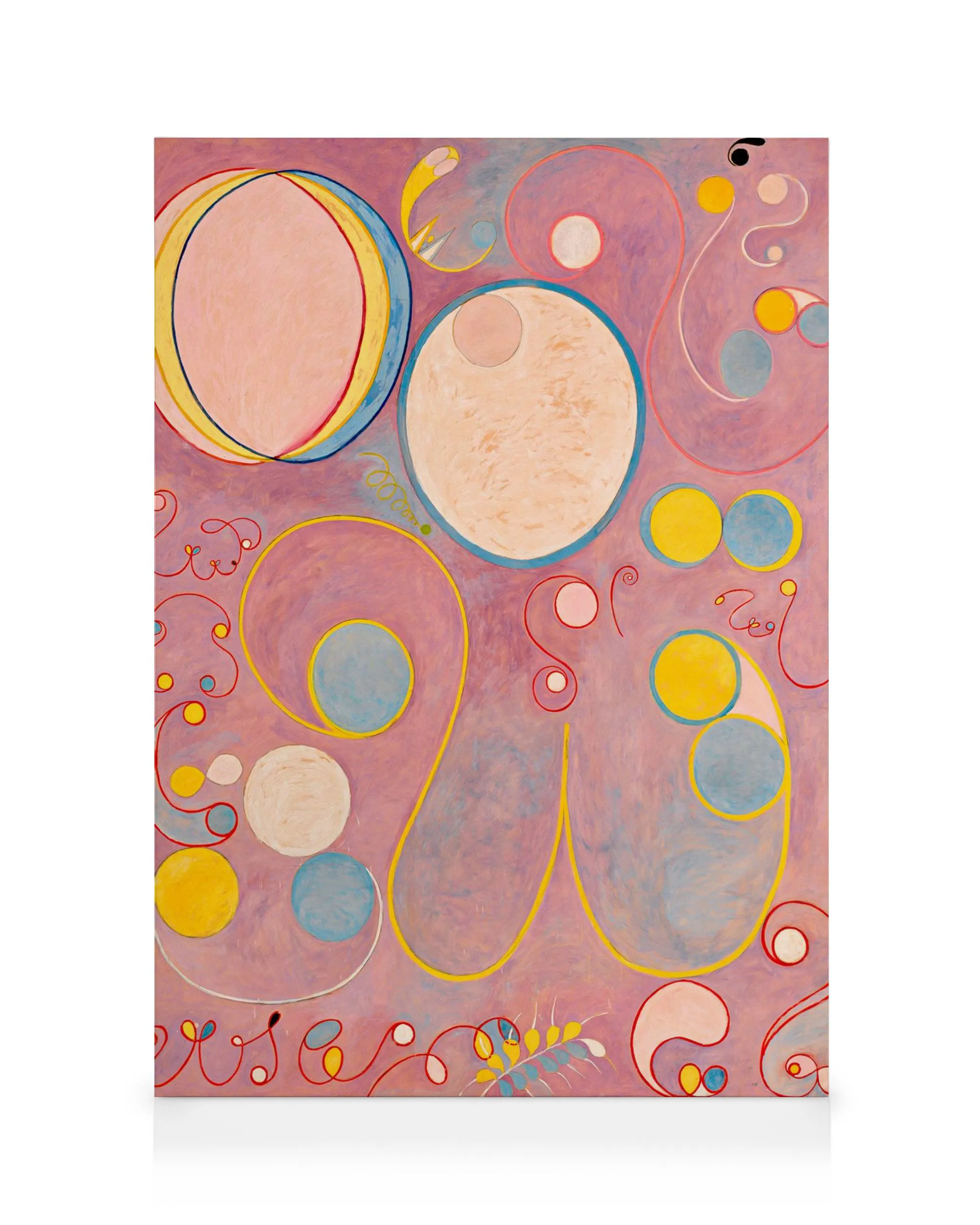 Obraz Hilma Af Klint, abstraktné dielo s ružovým pozadím, dynamickými kruhmi a špirálami v pastelových farbách.