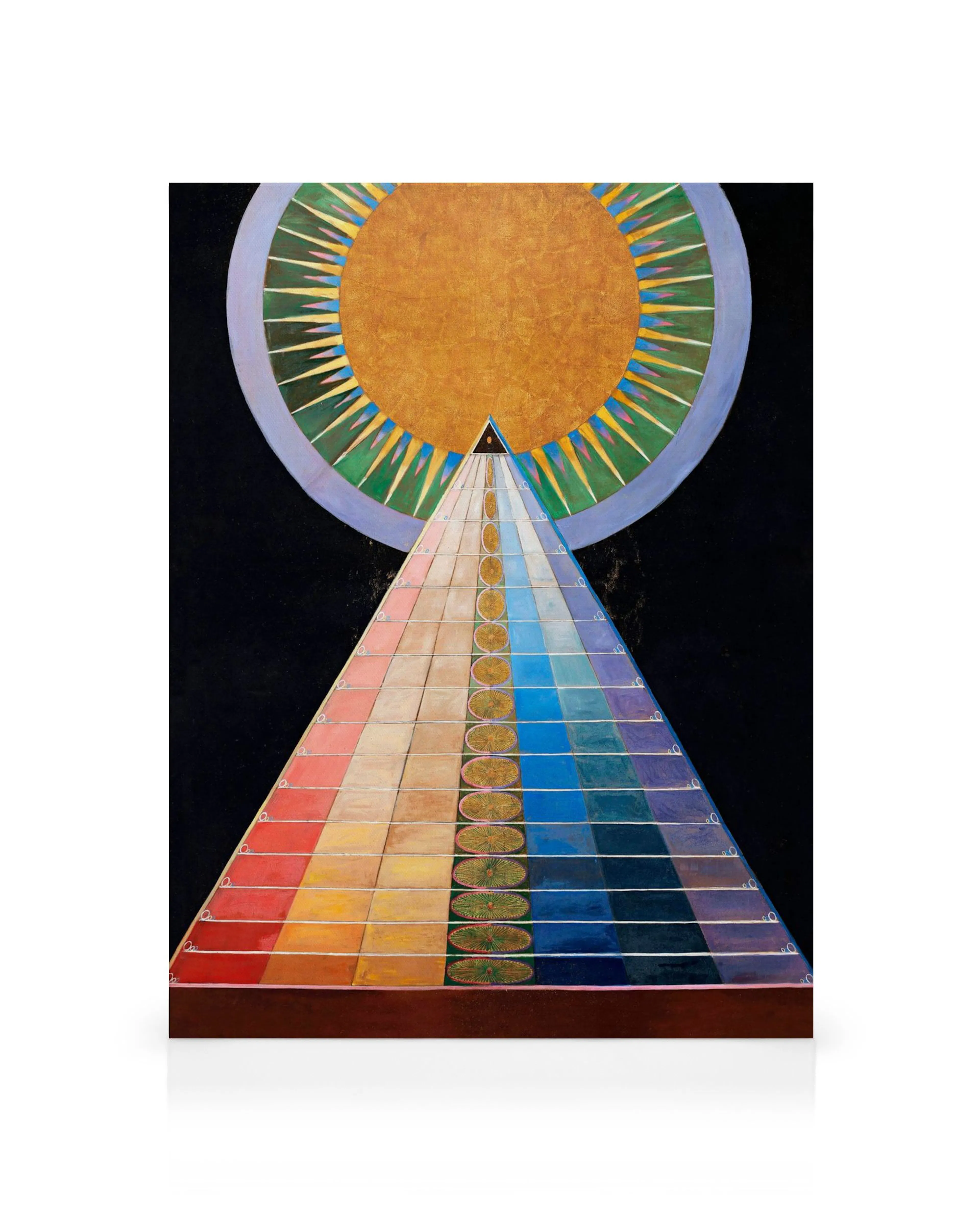 Ελαιογραφία Hilma Af Klint, Altarpiece, No. 1, με χρυσό ήλιο και χρωματιστή πυραμίδα.