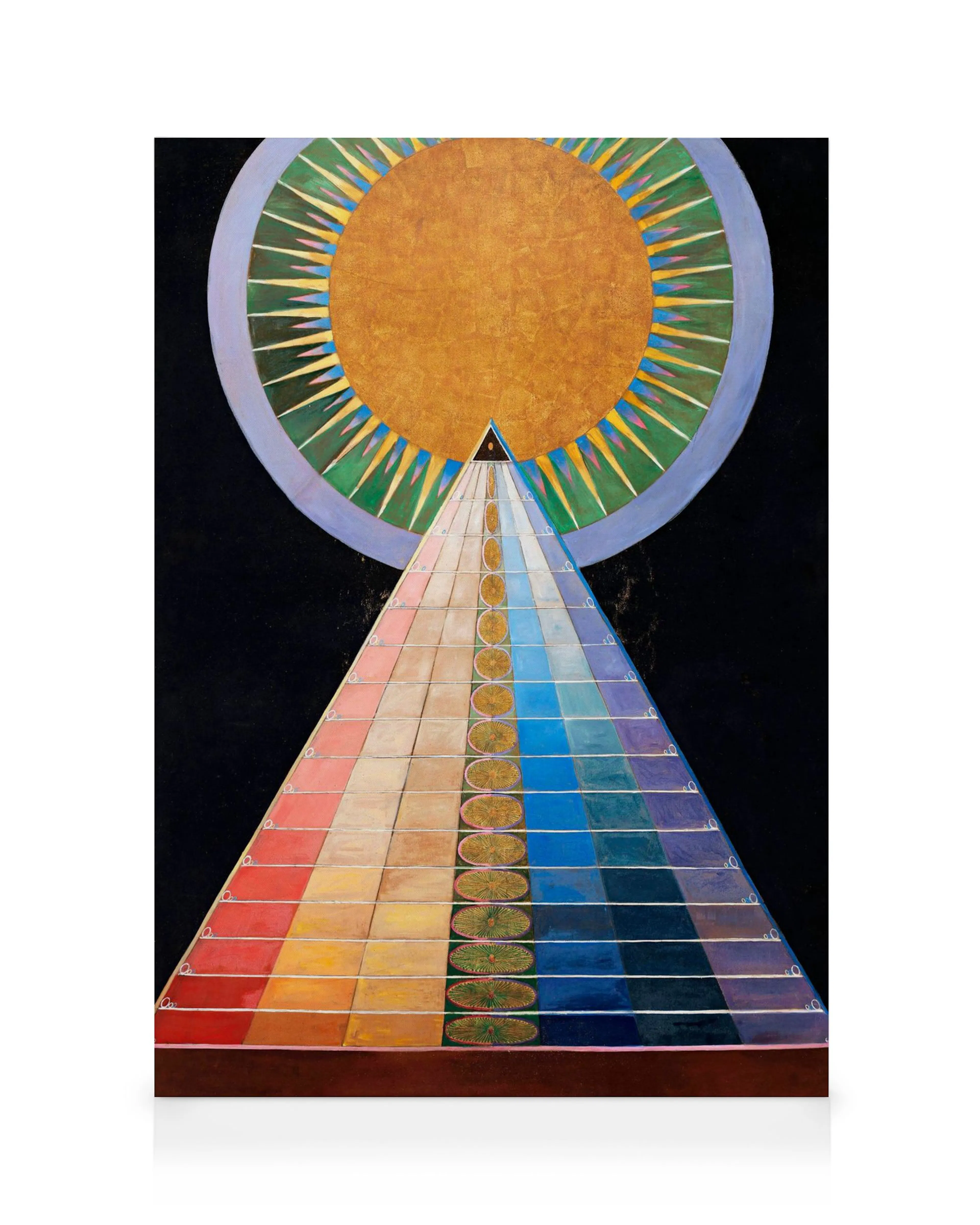Hilma Af Klint Altarpiece, No. 1. Geometric abstract painting with a triangle pointing to a gold circle, vibrant colors.