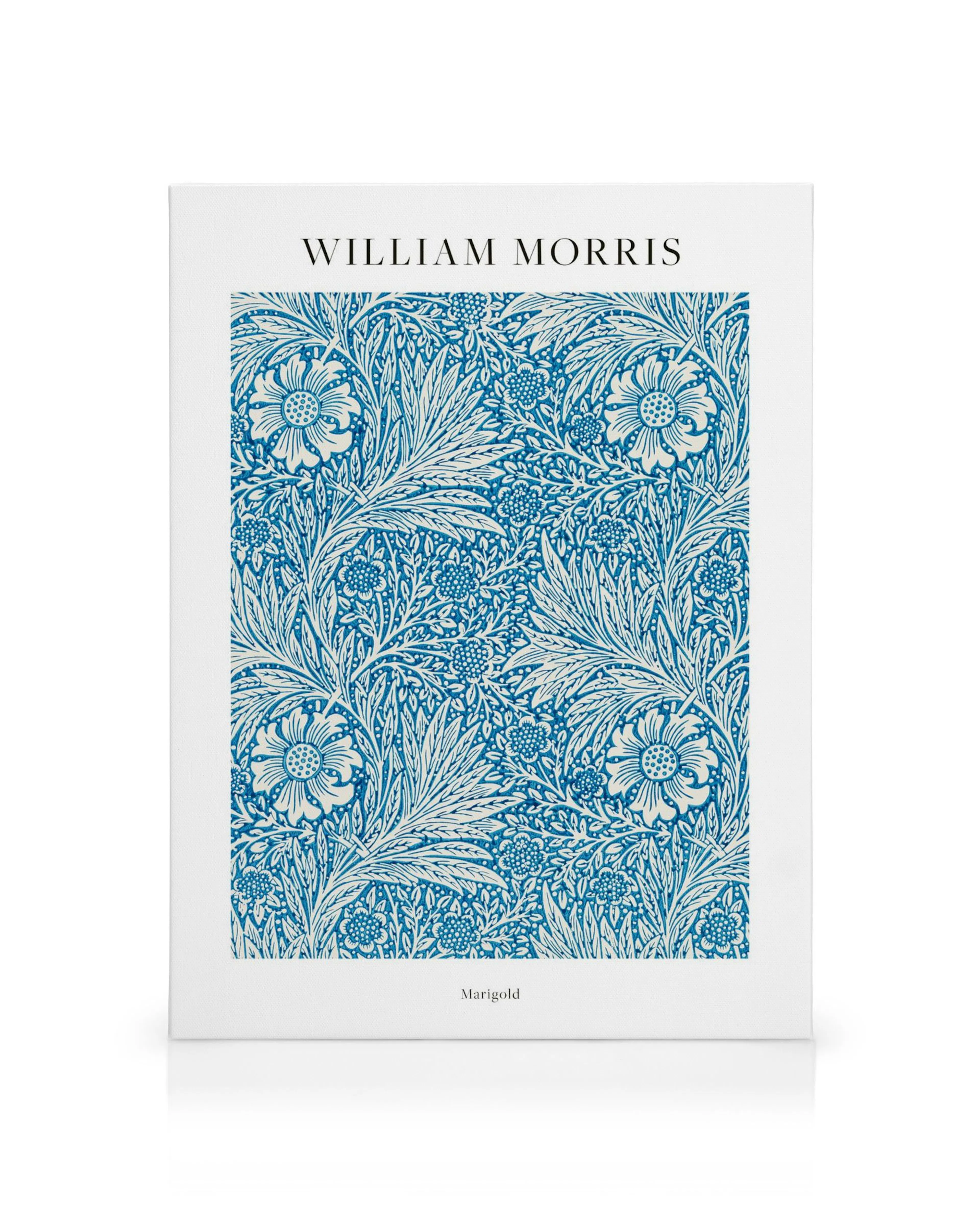 Leinwandbild mit William Morris Marigold-Muster, blaue Blumen und Blätter auf weißem Grund, Art Nouveau Stil.