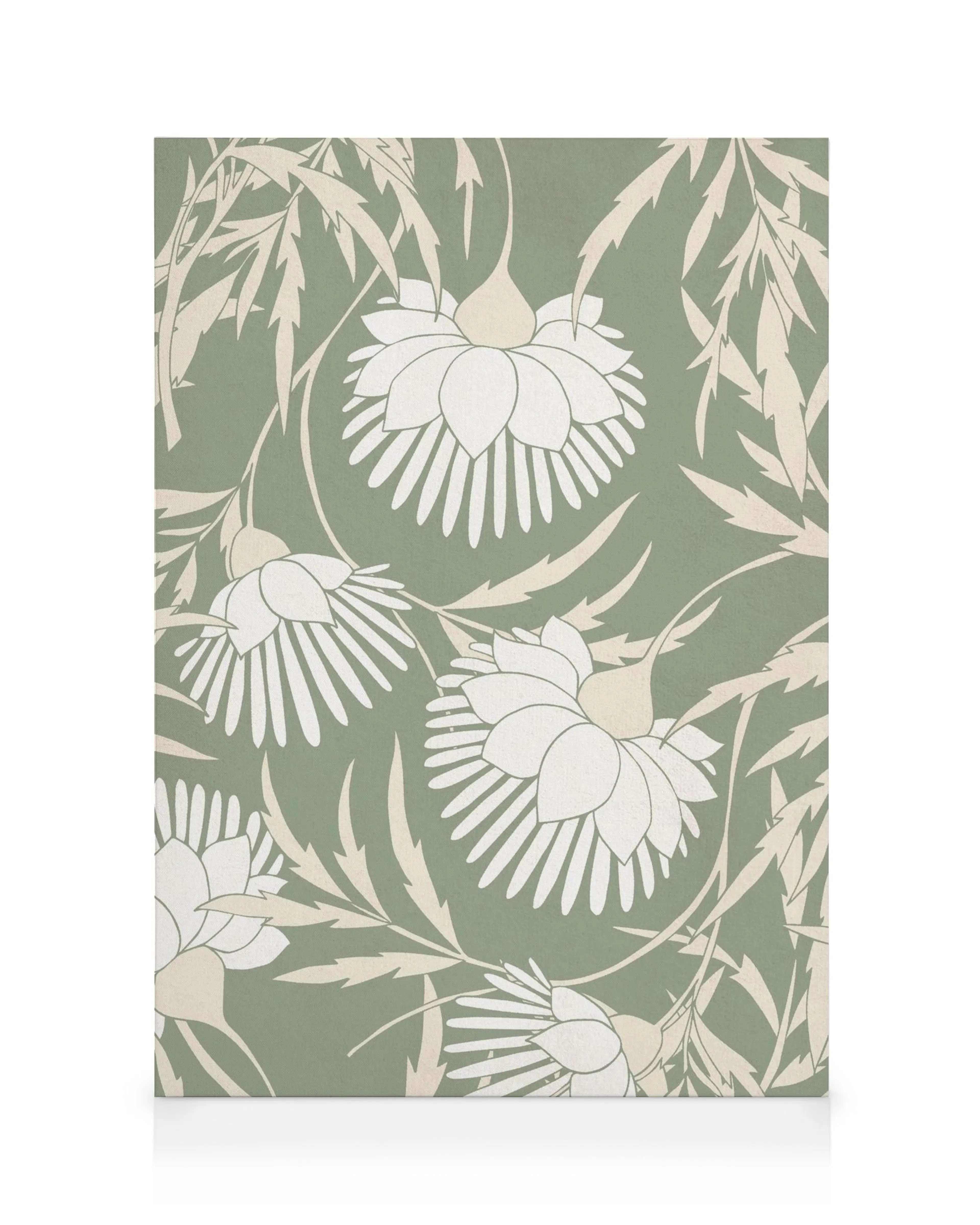 Toile à motif floral répétitif vert, marron, beige et gris, fleurs blanches et beiges, feuilles fines