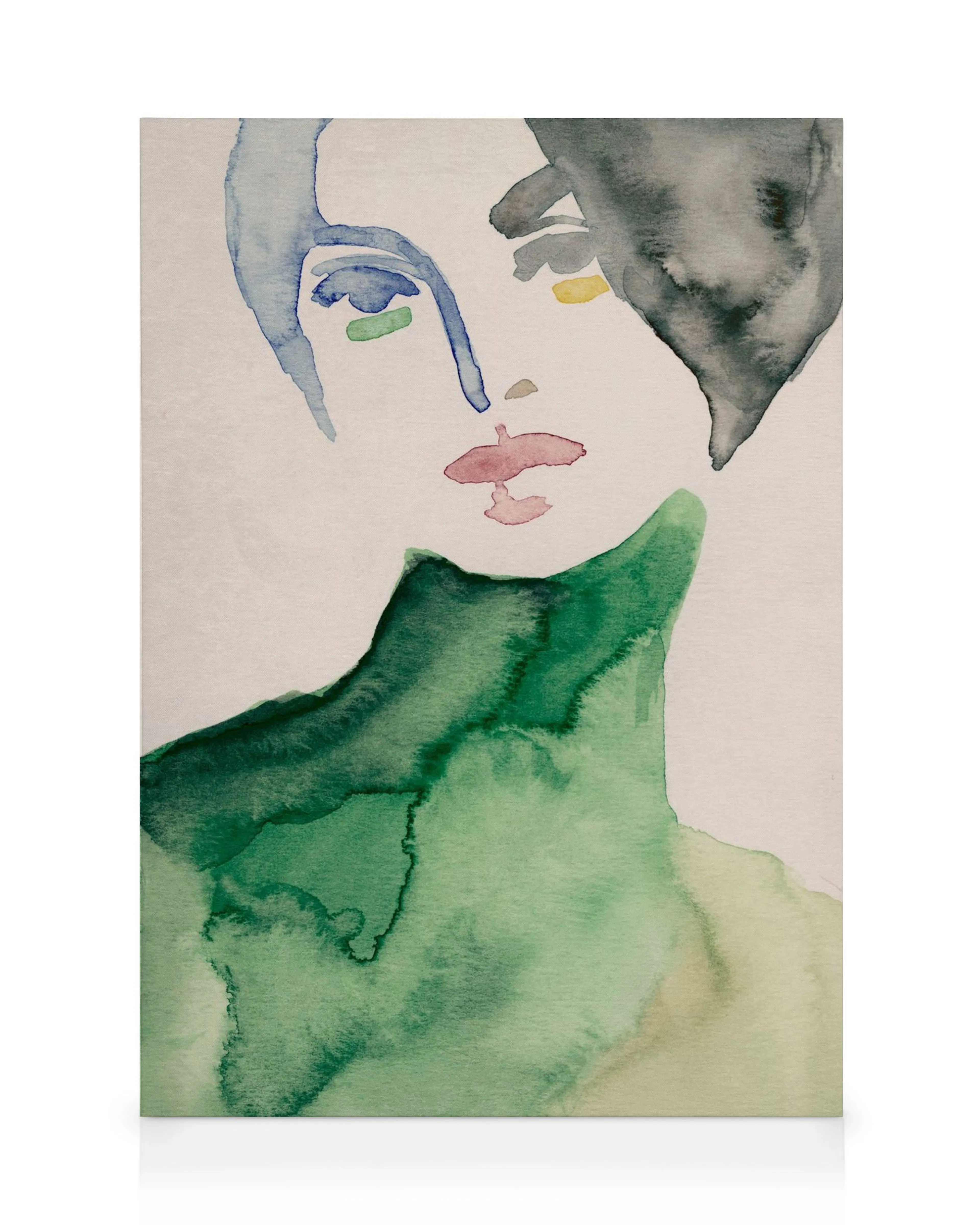 Abstract watercolor Lady in Green canvas print, featuring a face in green, blue, gray, pink, and yellow shapes.