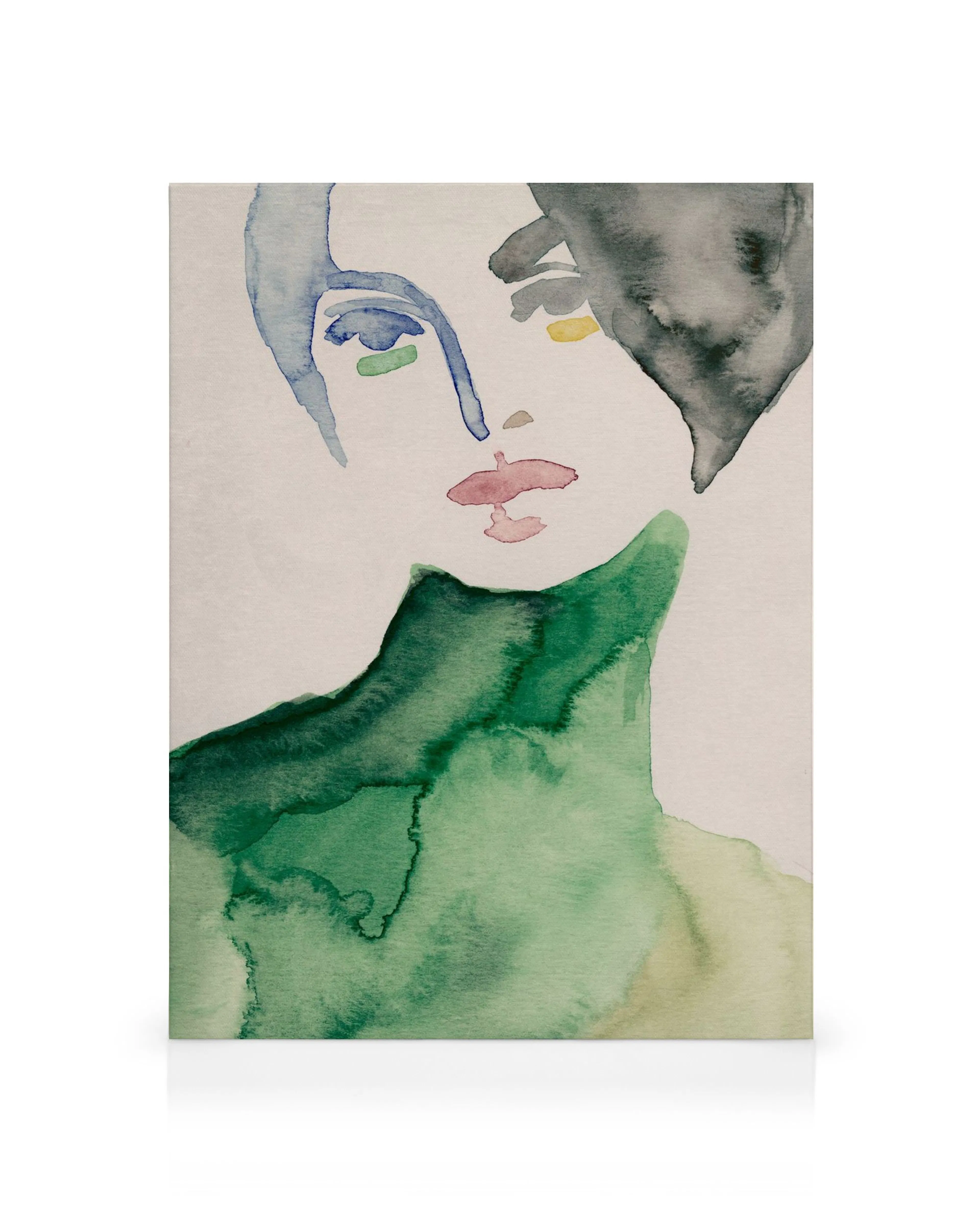 Abstract watercolor Lady in Green canvas print, featuring a face in green, blue, gray, pink, and yellow shapes.