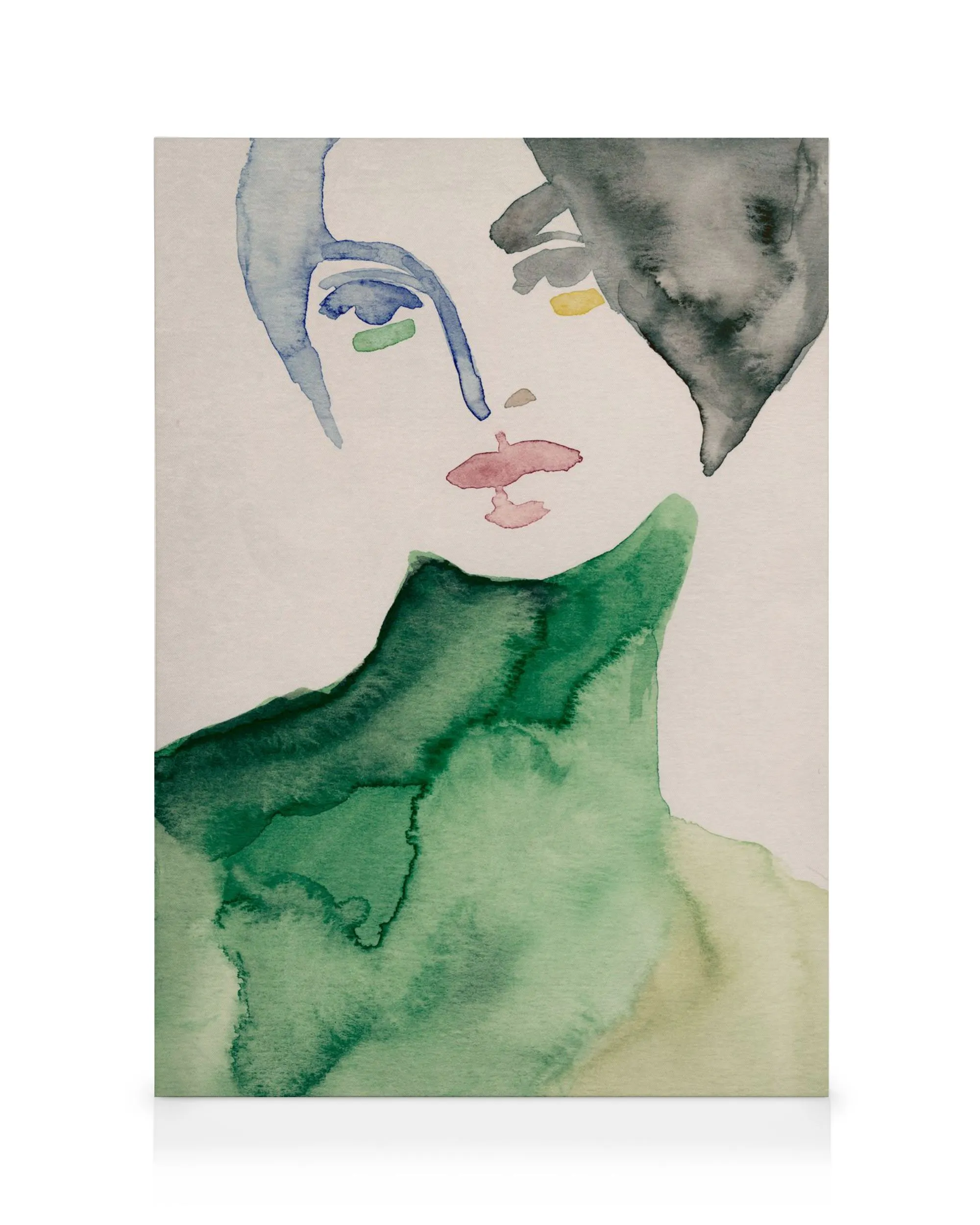 Toile abstraite à laquarelle dun visage aux tons verts, bleus et gris, avec des yeux jaunes vifs sur fond blanc.