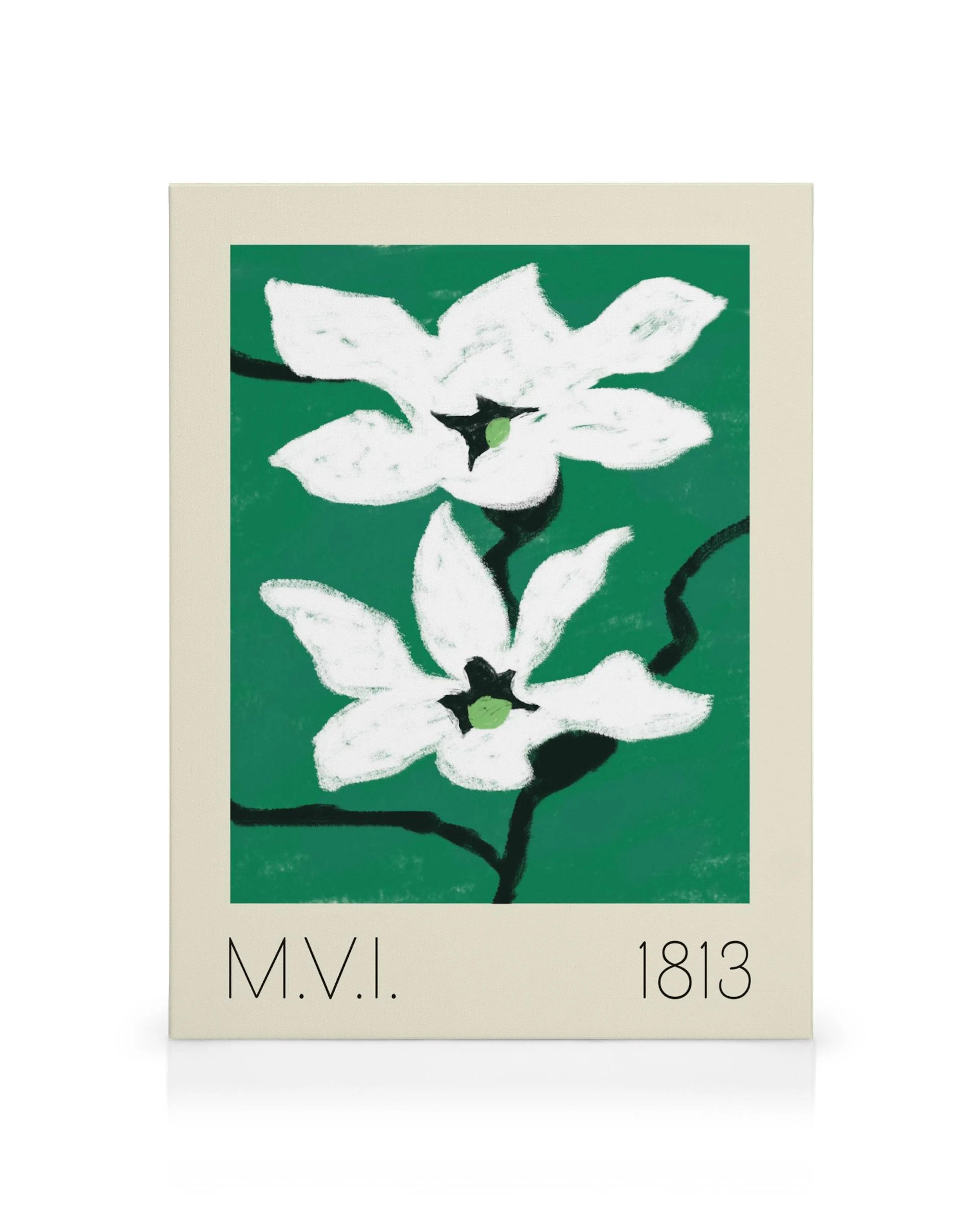 Toile botanique minimaliste verte avec deux fleurs blanches et des détails noirs, typographie M.V.I. 1813