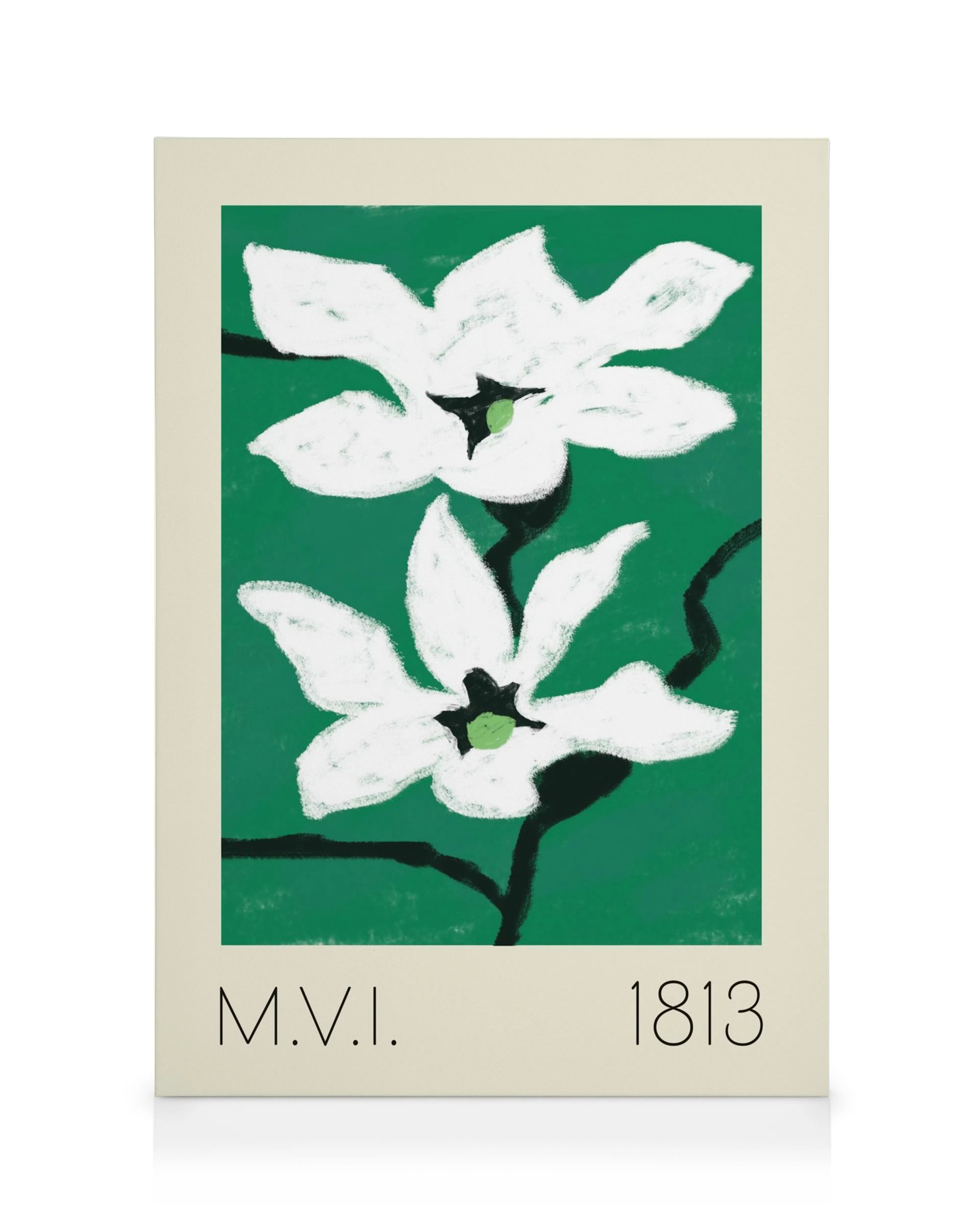 Minimalistische botanische canvas met twee witte bloemen en groene harten op een groene achtergrond, gescheiden door een bruine 