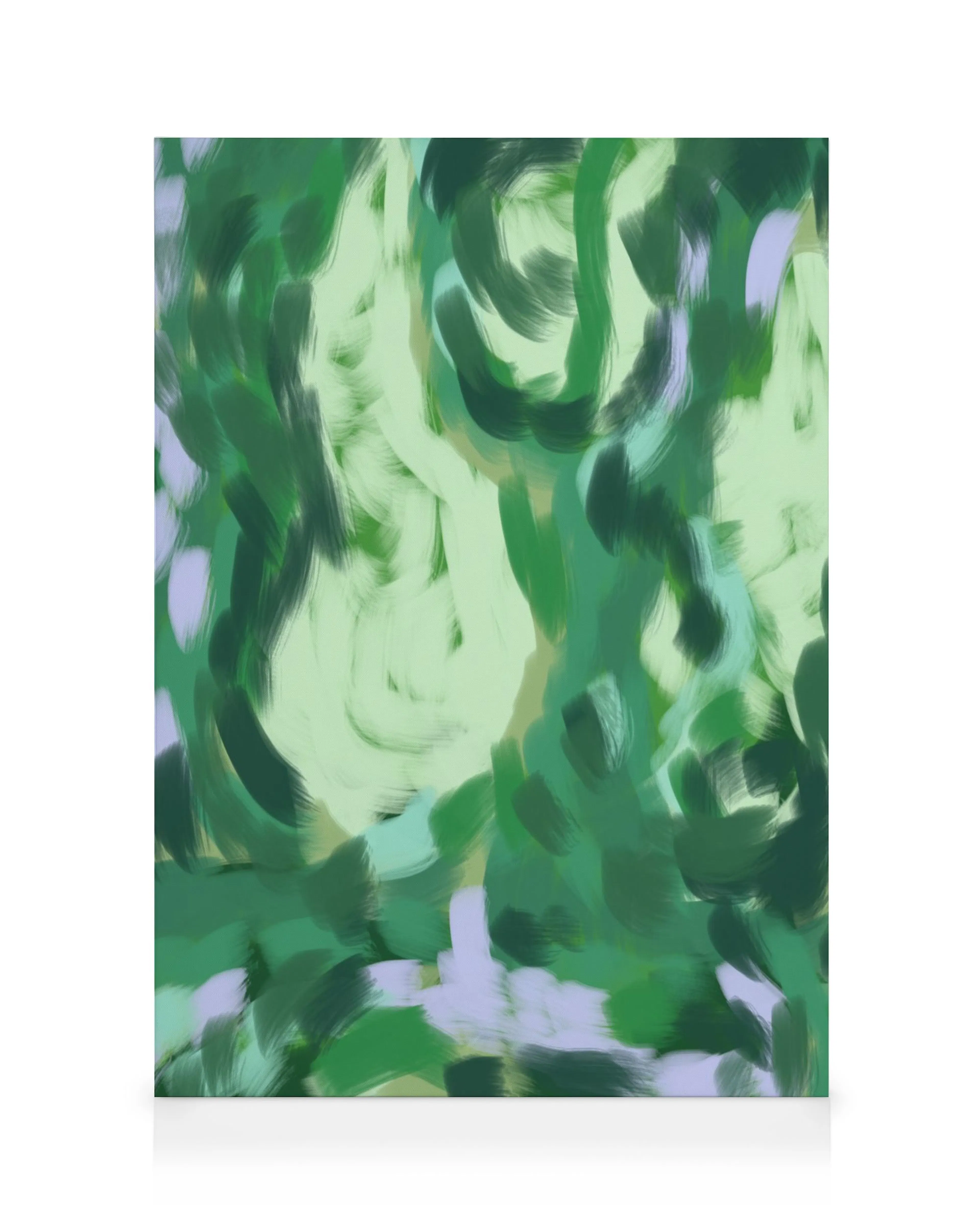 Toile abstraite avec coups de pinceau tourbillonnants verts, blancs et violets, créant un tableau abstrait vert apaisant.