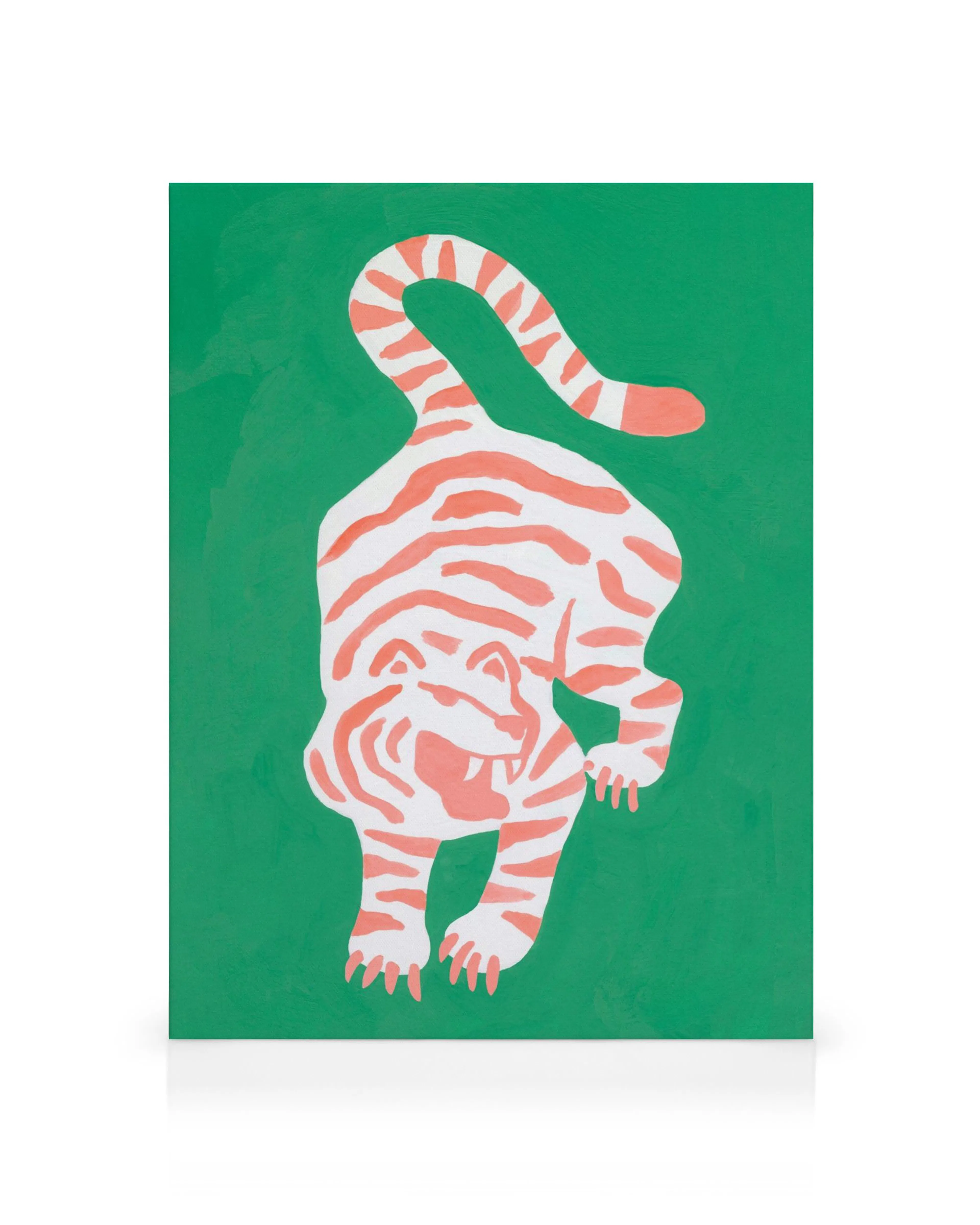 Fierce Tiger canvas print, a playful illustration of a white tiger with coral stripes on a vibrant green background.