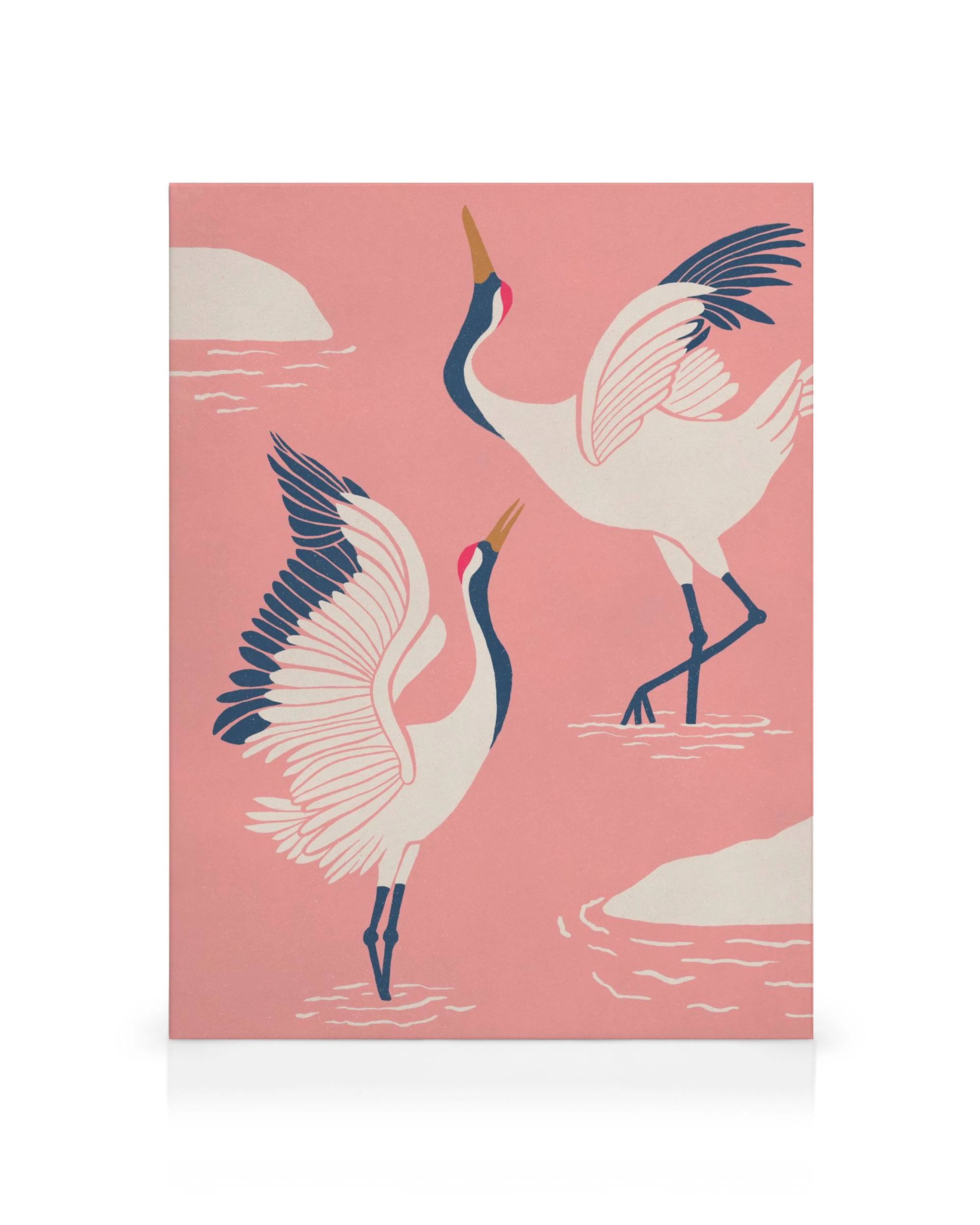 Dancing Cranes canvas print with two stylized white cranes on a pale pink background, one standing and one flying.