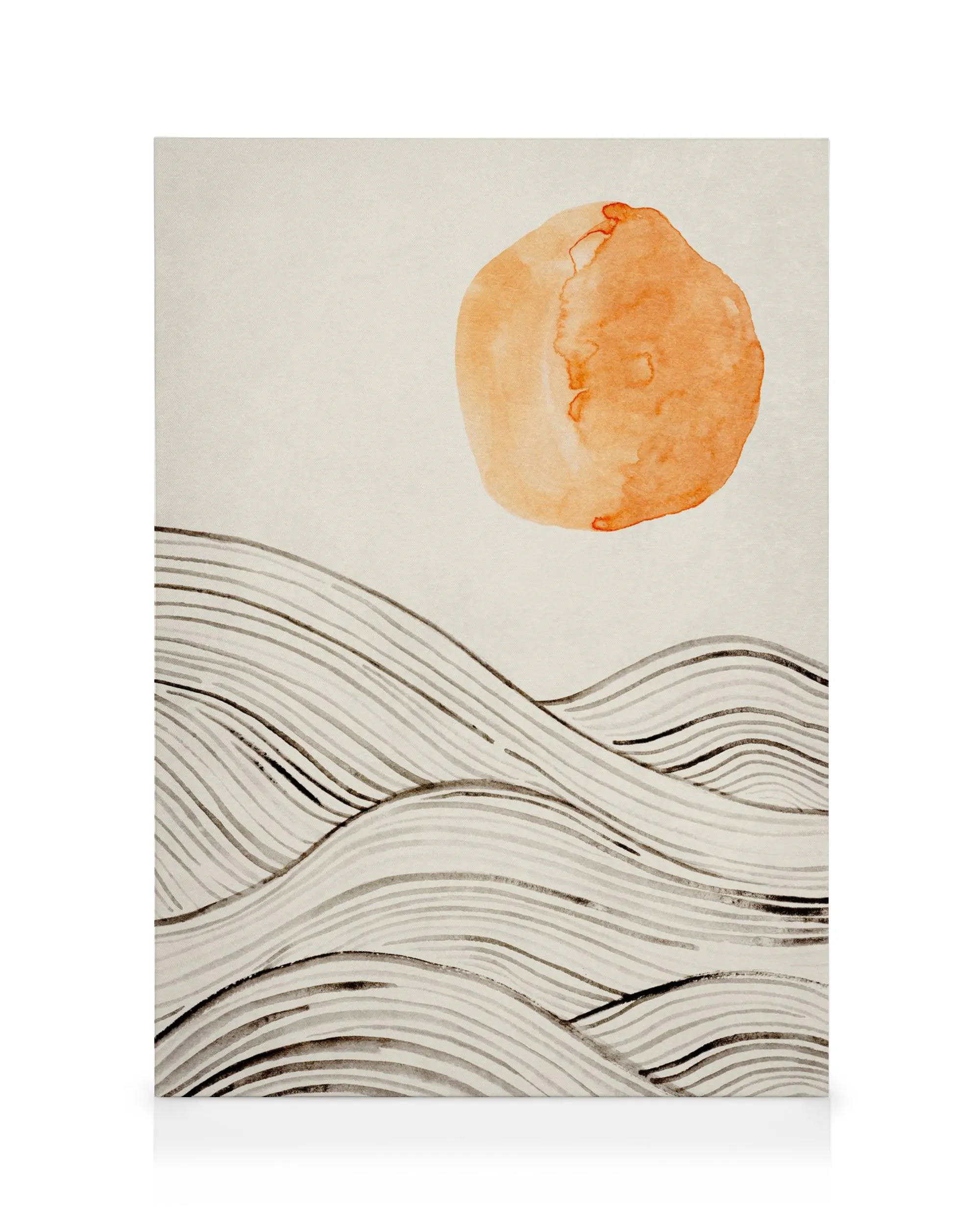Ink Waves No2 canvas print with black wavy lines like hills and an orange circle like a sun on an off-white background.