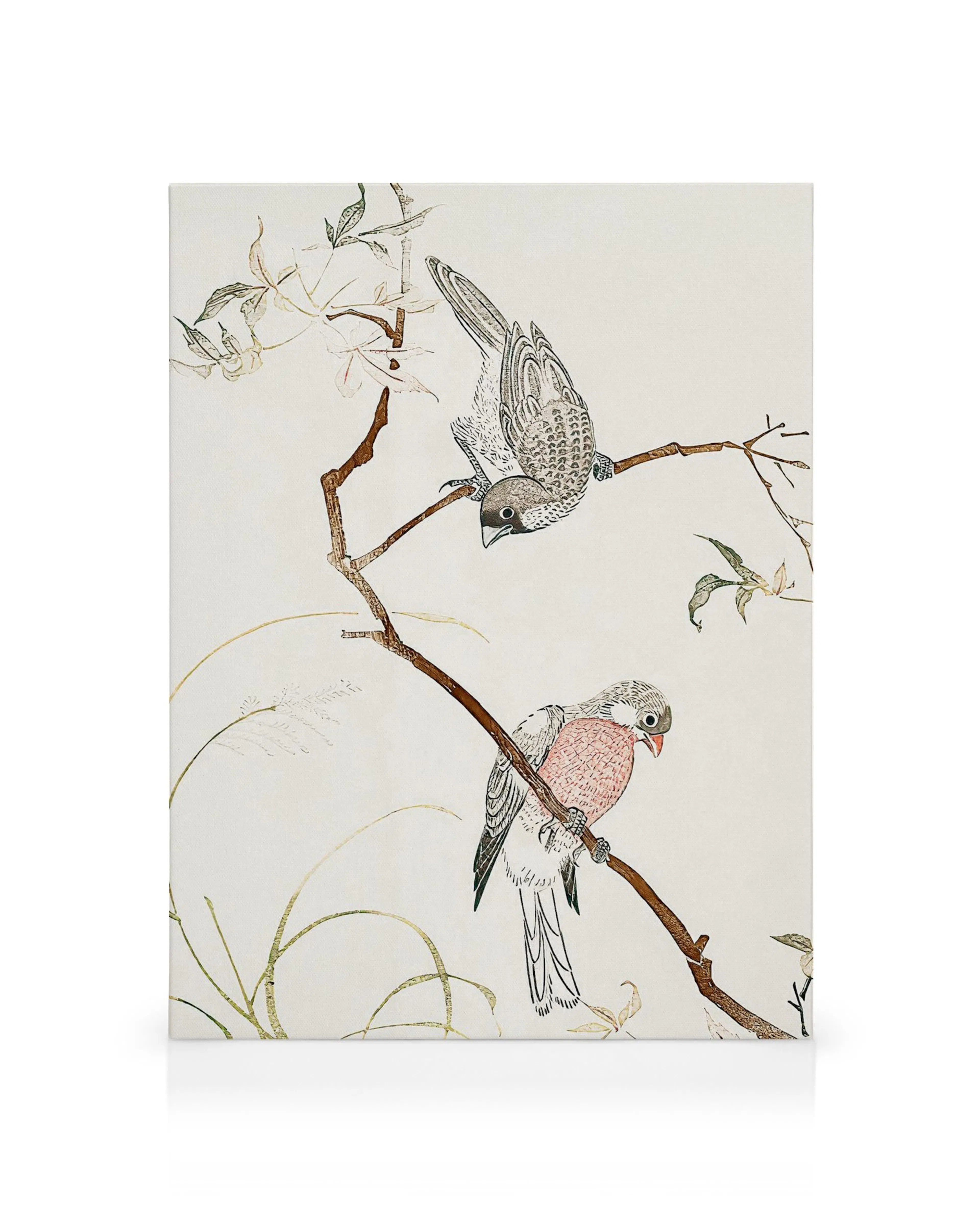 Lienzo japonés con dos pájaros en una rama, uno gris y otro rosa, sobre un fondo blanco. Arte de aves.
