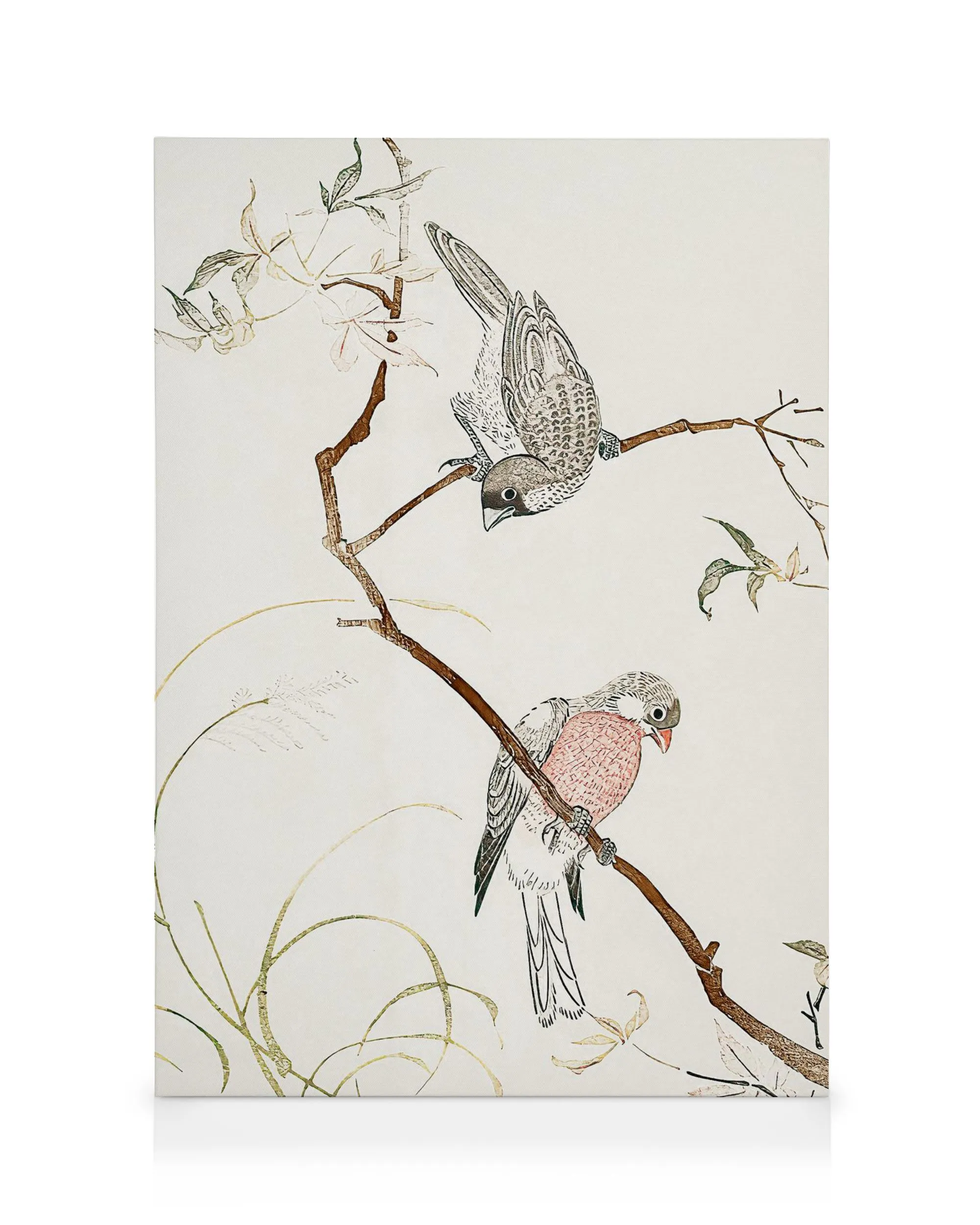 Japanese seagulls canvas print with two birds on a branch, one grey and one with pink feathers.