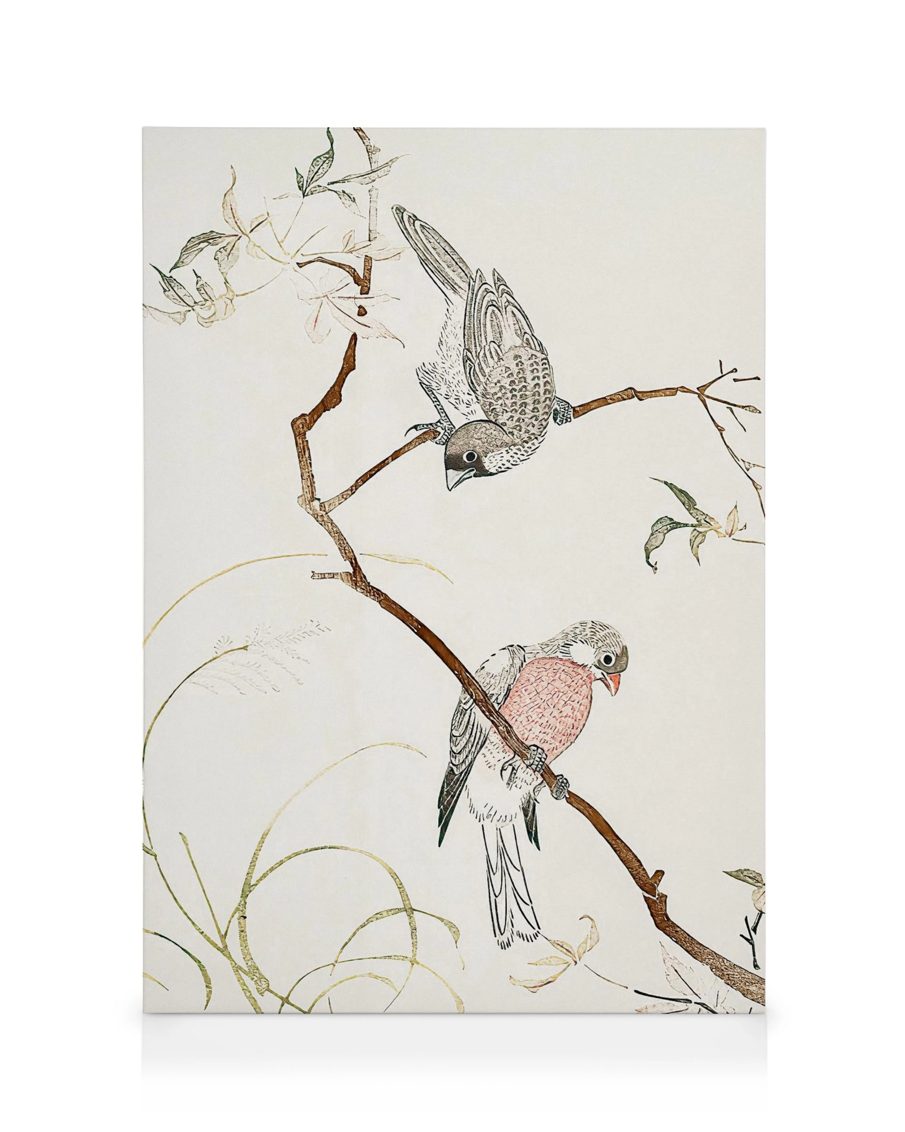 Japanese seagulls canvas print with two birds on a branch, one grey and one with pink feathers.