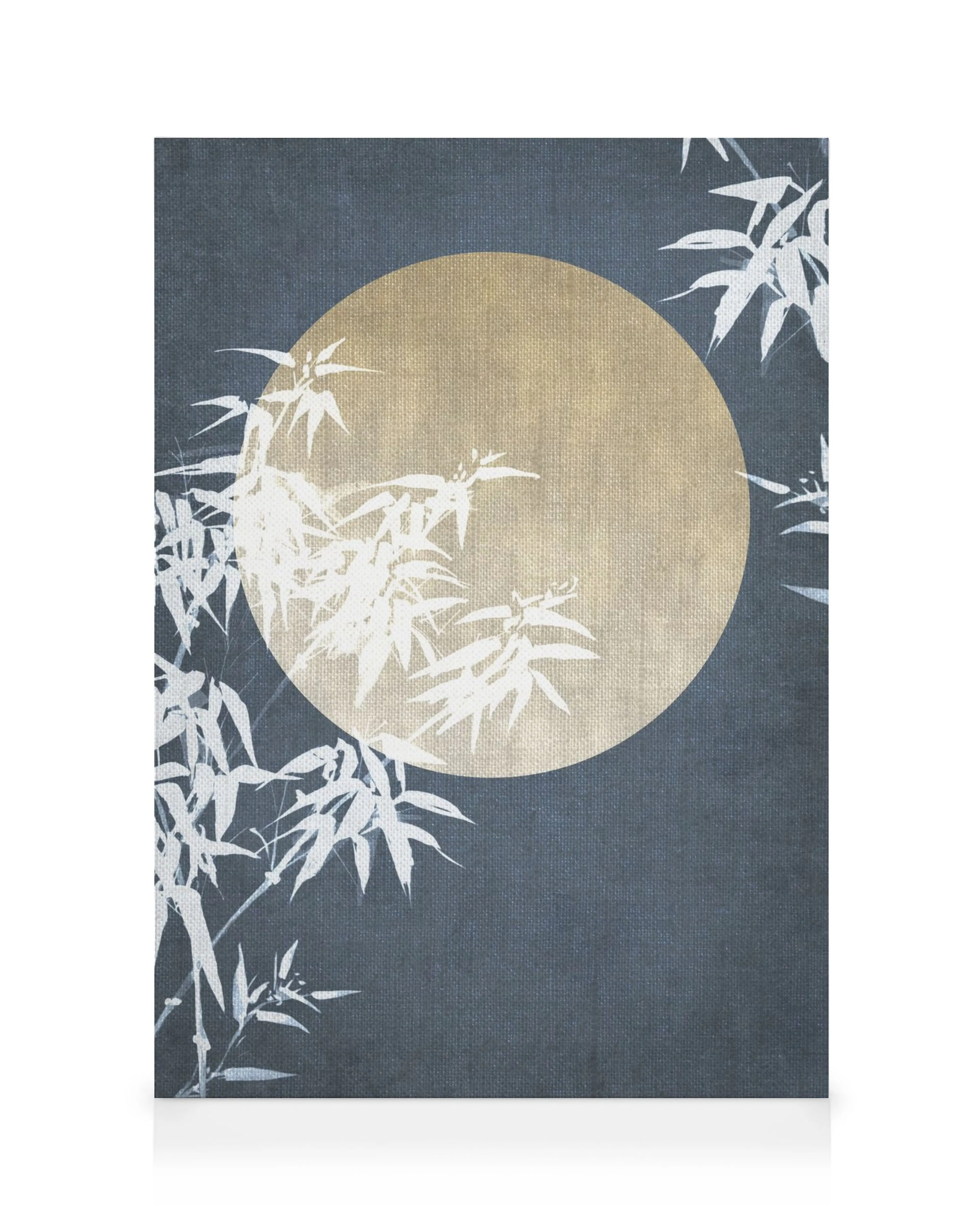 Moon Night Sky canvas print, golden moon and white bamboo on dark blue background, Japanese style art.