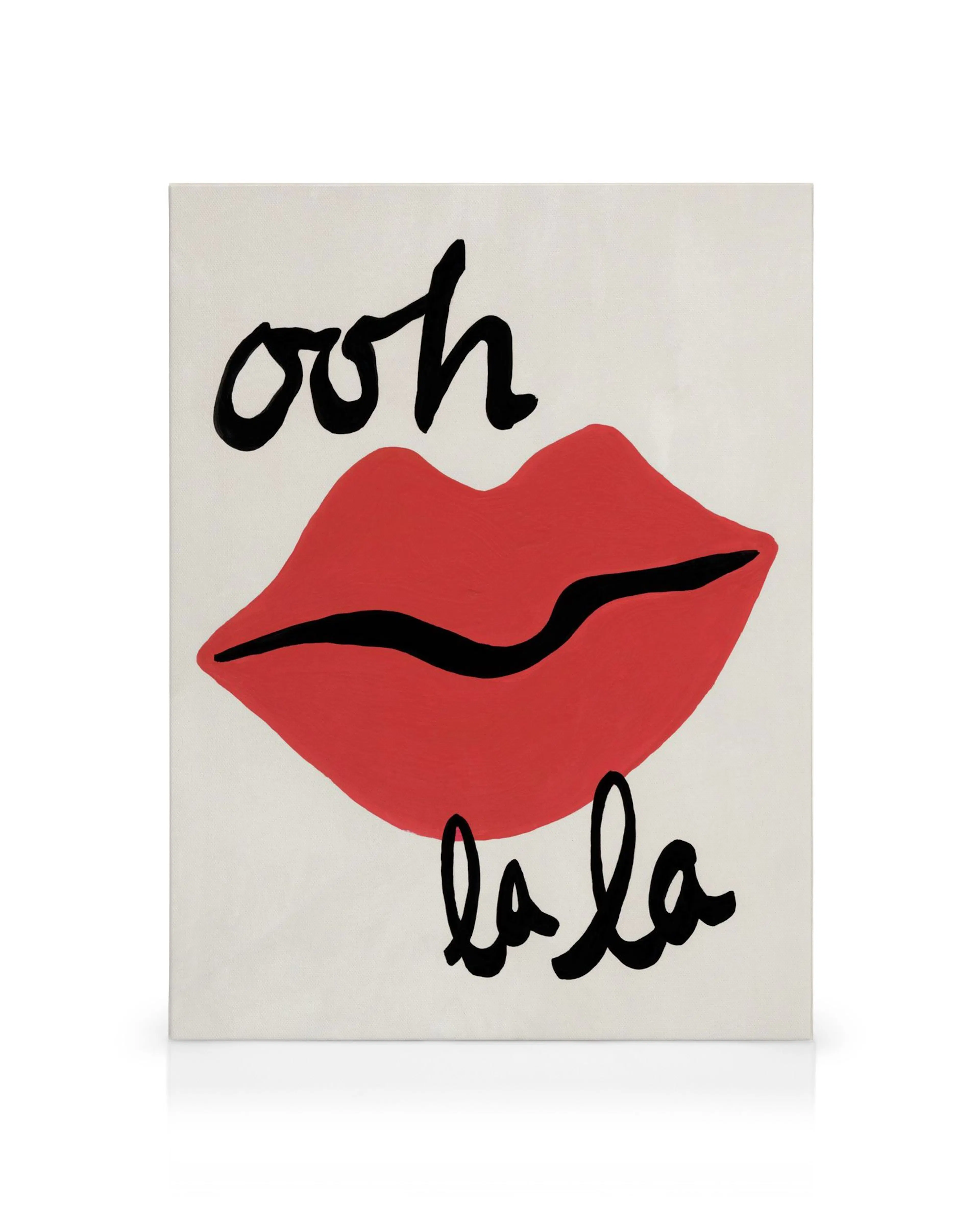 Canvas met rode lippen, omlijnd in zwart, op een witte achtergrond met de tekst Ooh en La La.