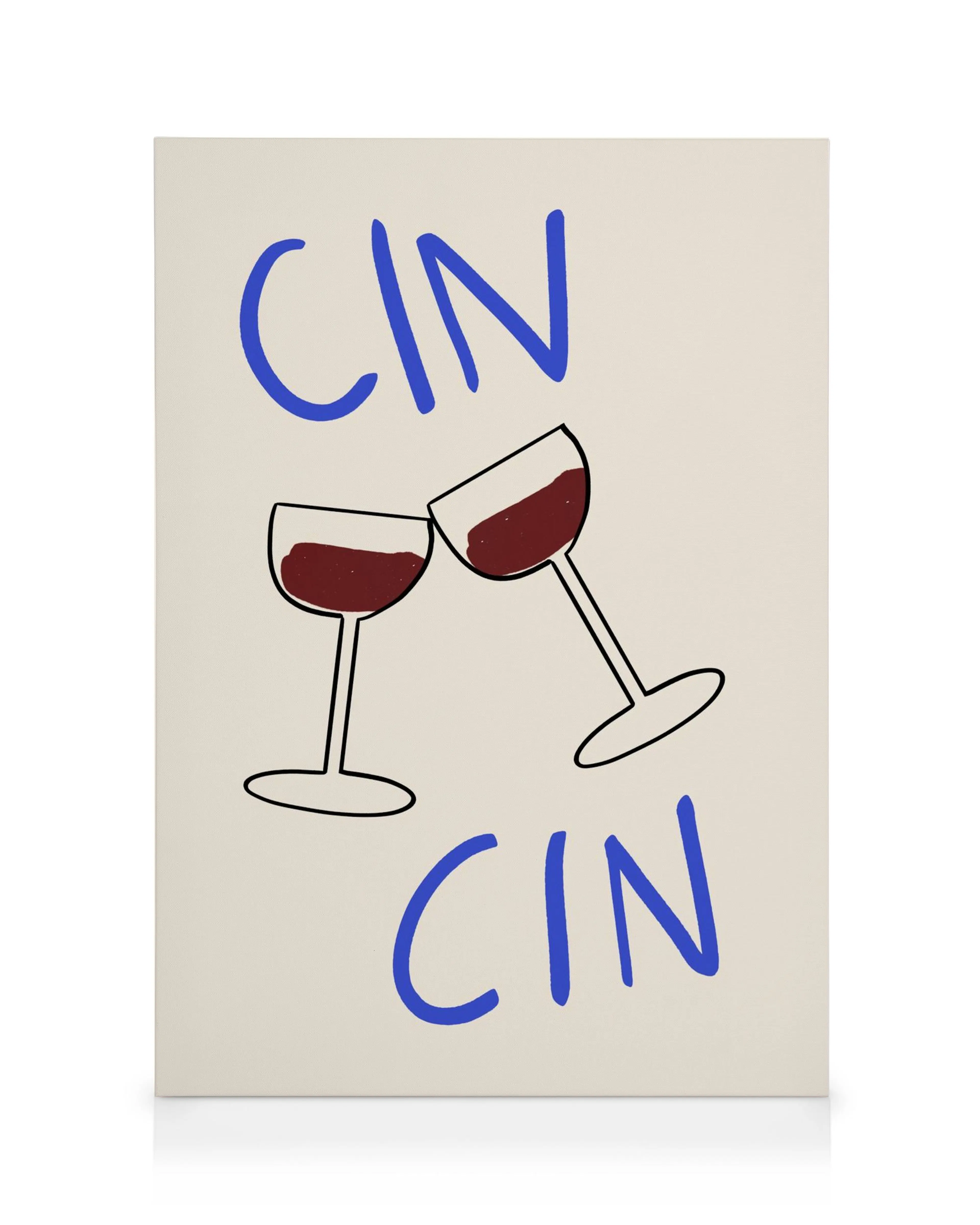 Cin Cin canvas print with two wine glasses toasting on a light background, kitchen decor.