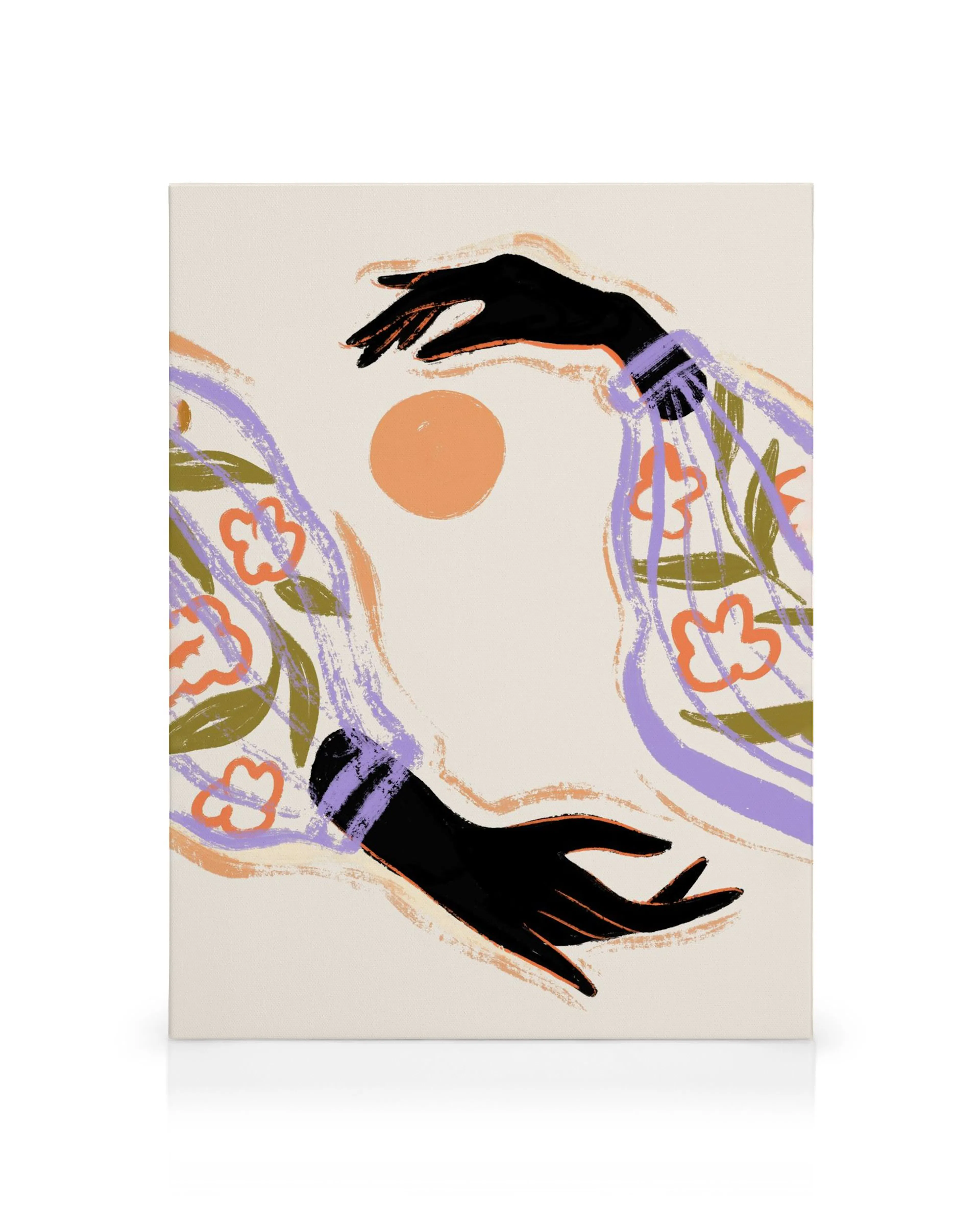 Leinwandbild mit zwei dunklen Händen, die sich um eine orangefarbene Sonne strecken, umgeben von floralen Mustern in Lila und Or