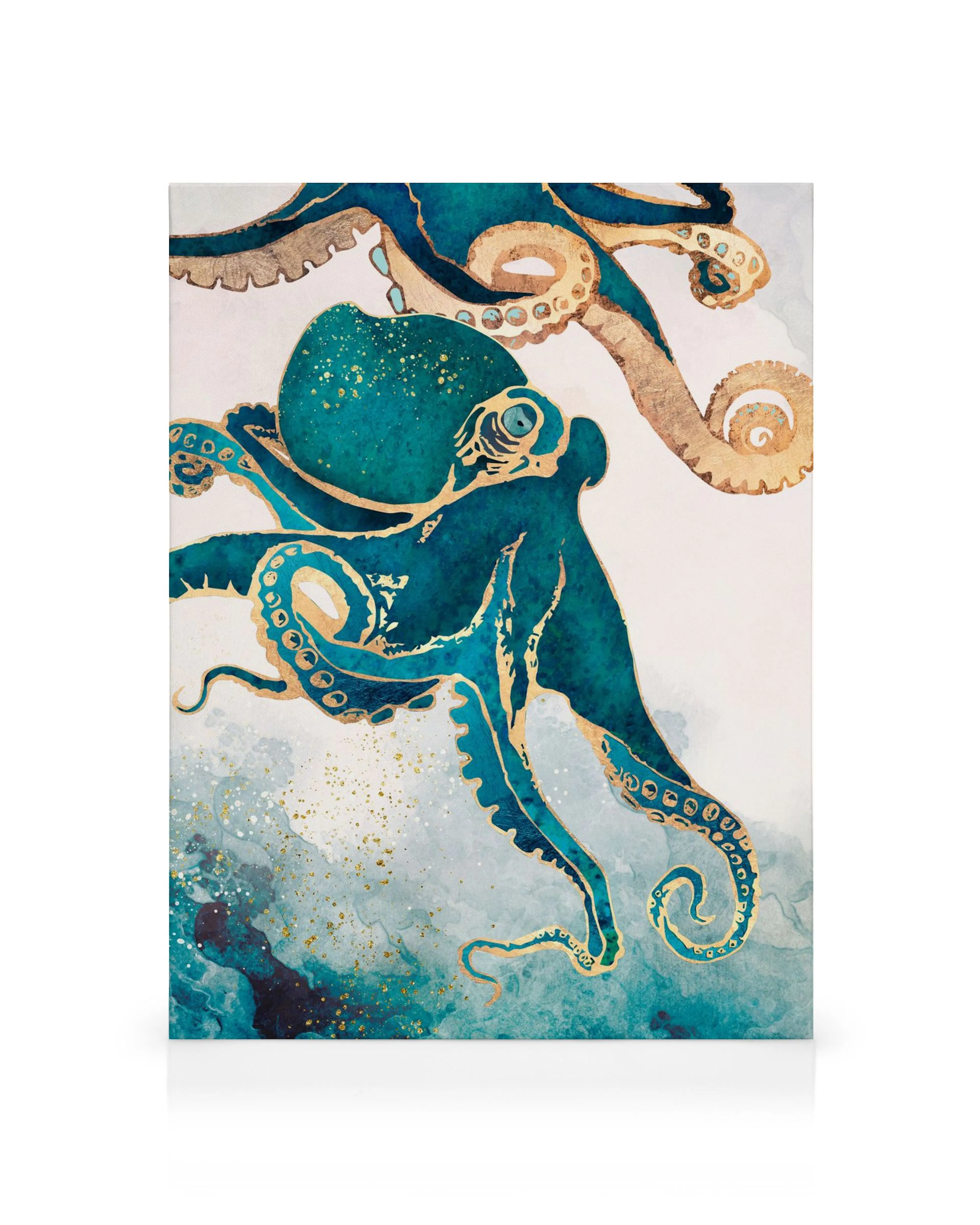 Leinwandbild mit zwei stilisierten Kraken in Türkis und Gold auf hellem Hintergrund mit aquarellem Wasser und goldenen Spritzern