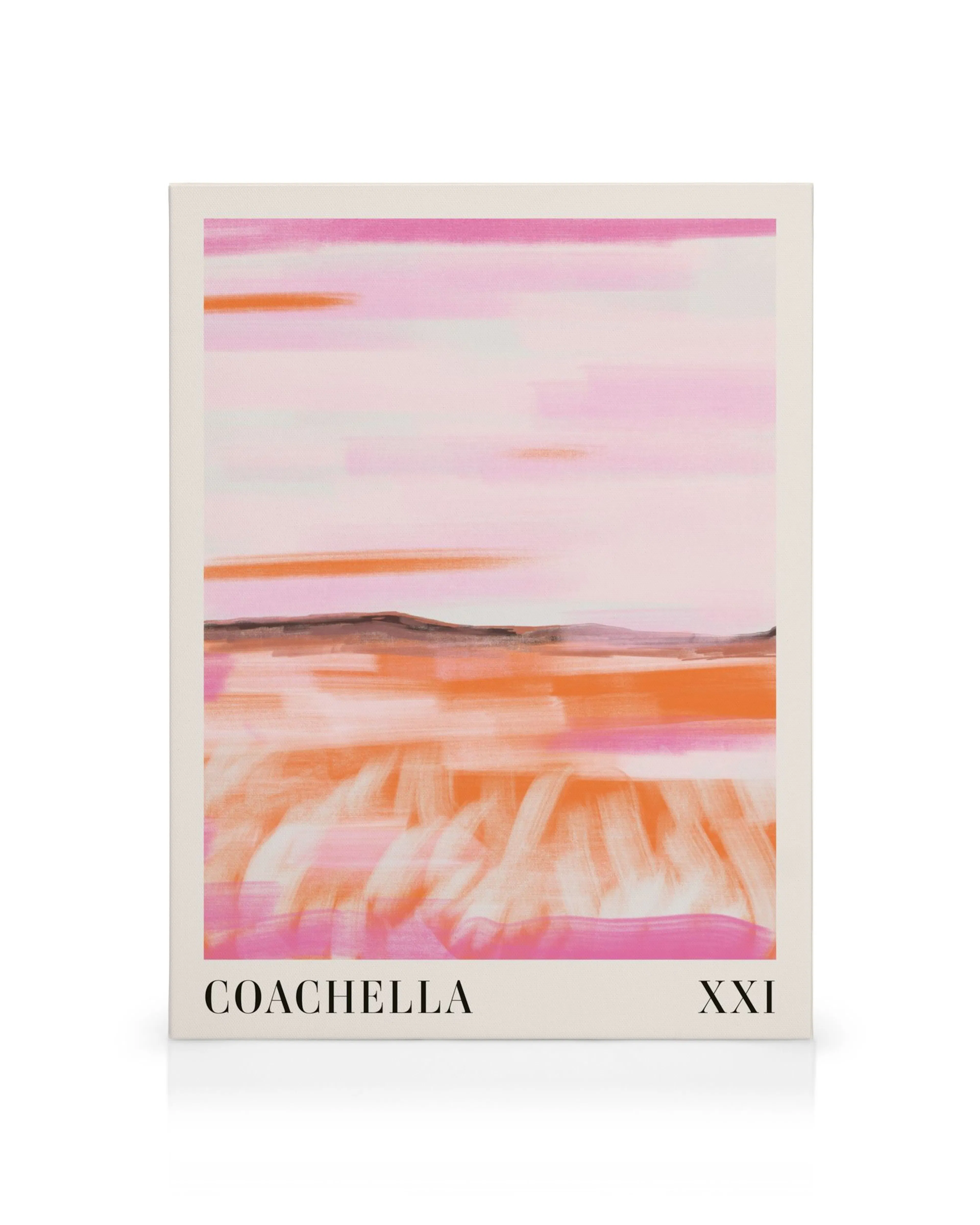 Coachella Valley kanvaasi, jossa on abstrakti vaaleanpunainen ja oranssi maisema, jossa on siveltimenvetoja.