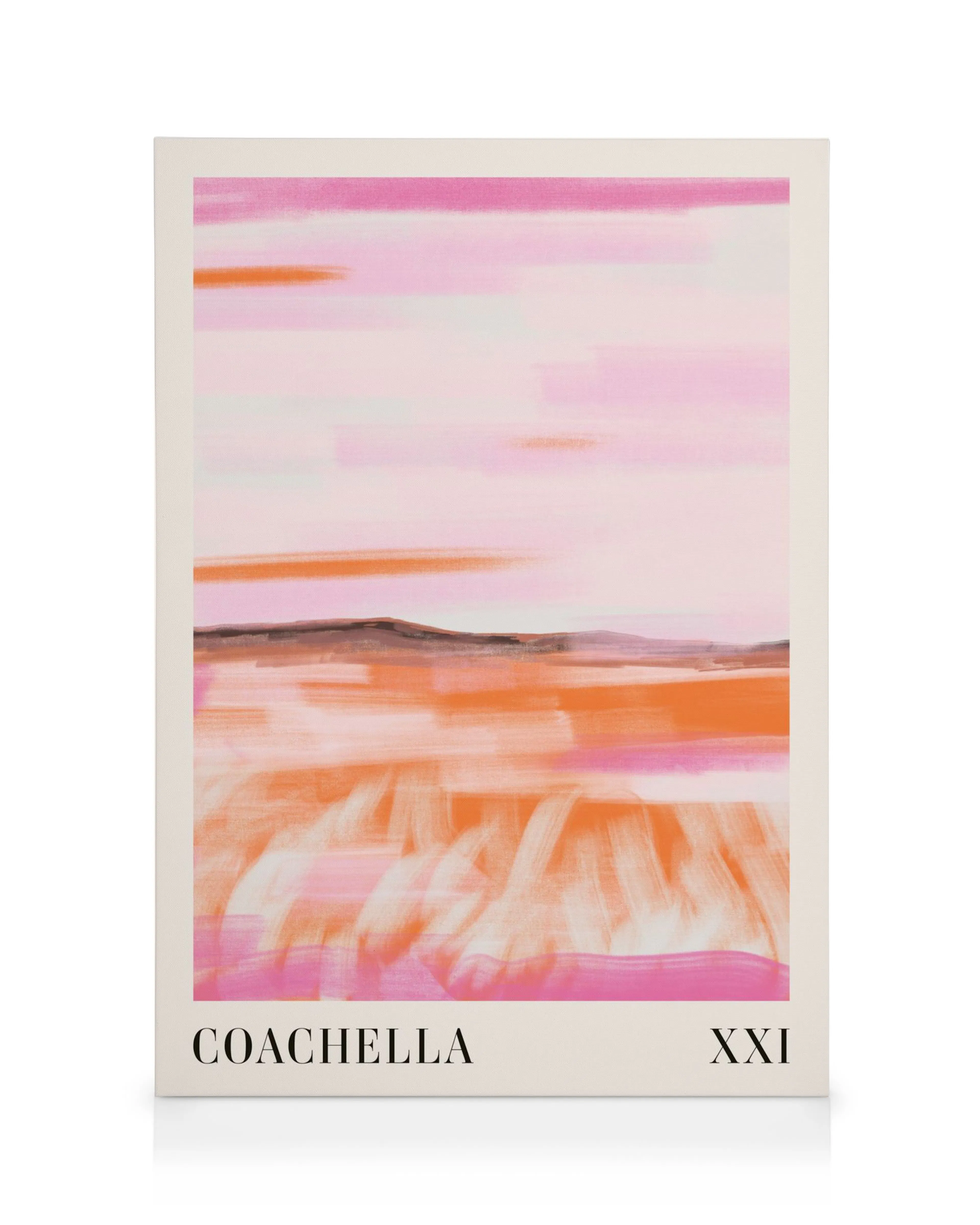 Coachella Valley canvas, abstract landscape in pink, orange, and black brushstrokes, with a hazy horizon and textured foreground