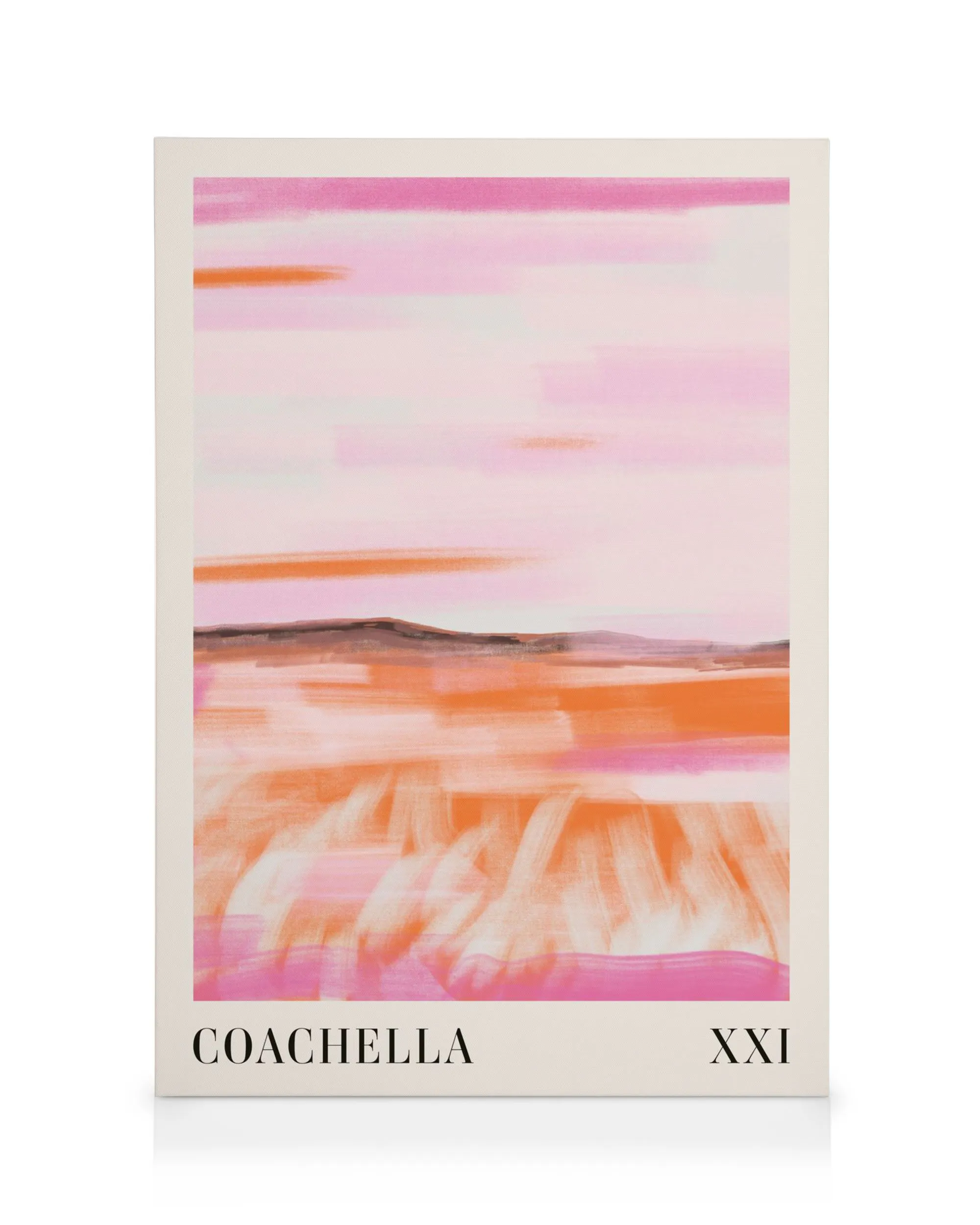 Coachella Valley canvas met roze en oranje horizontale strepen, lijkend op een zonsondergang, met Coachella XXI onderaan.
