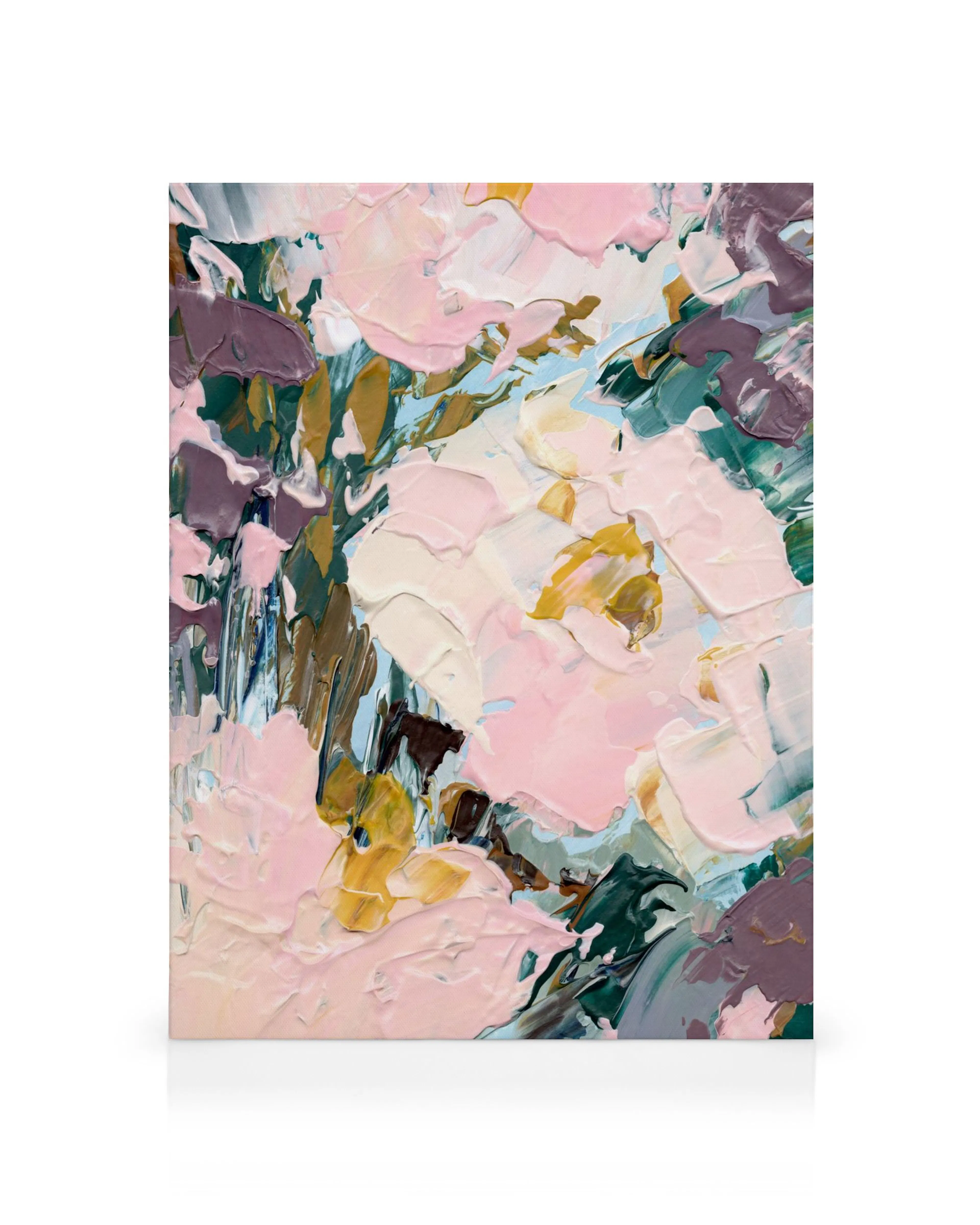 Abstract canvas print with thick, textured pink, green, yellow, and white brushstrokes. Modern wall decor.