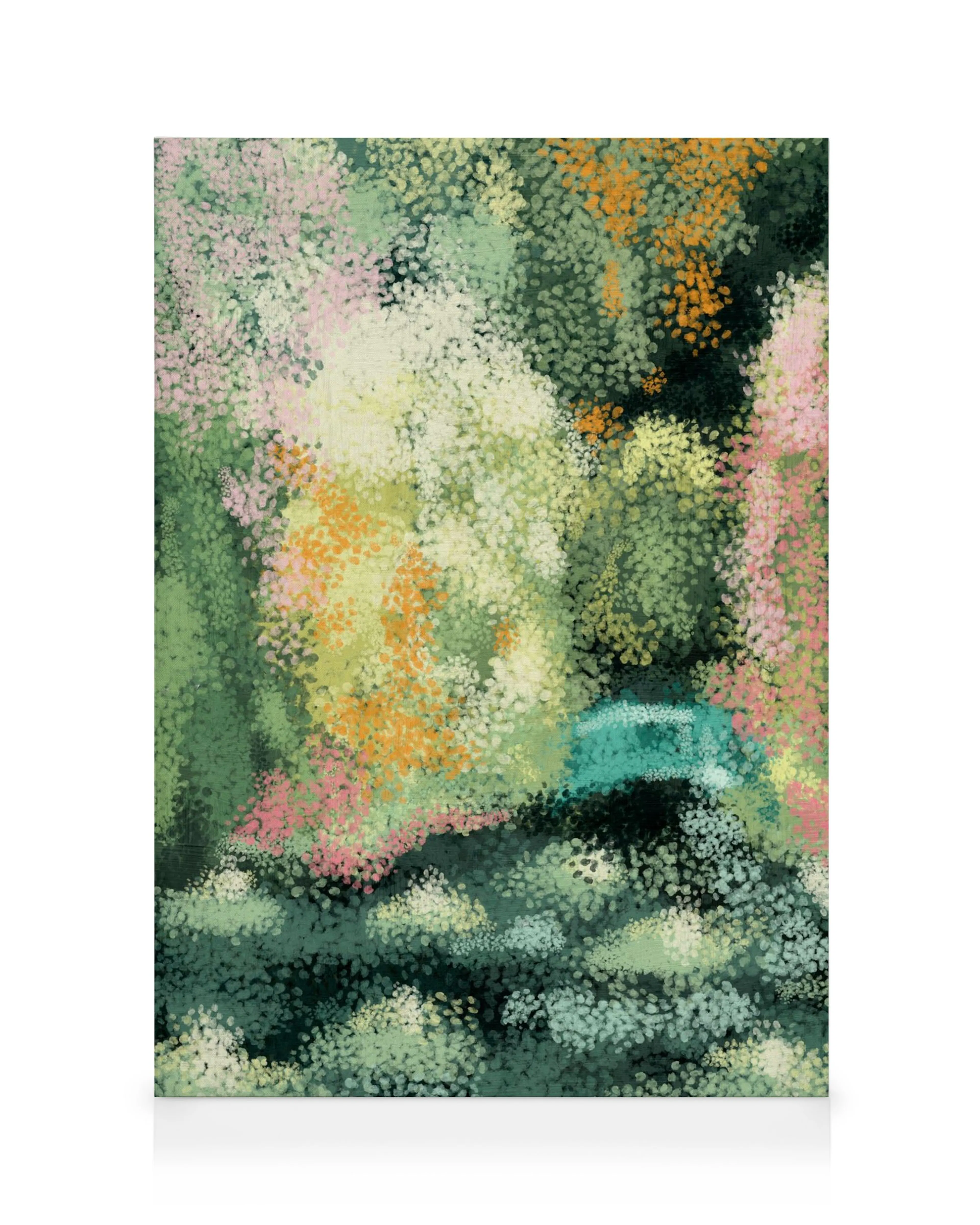 Impressionist canvas print, green, orange, and pink pointillism painting, abstract art with textured dots, modern wall decor.
