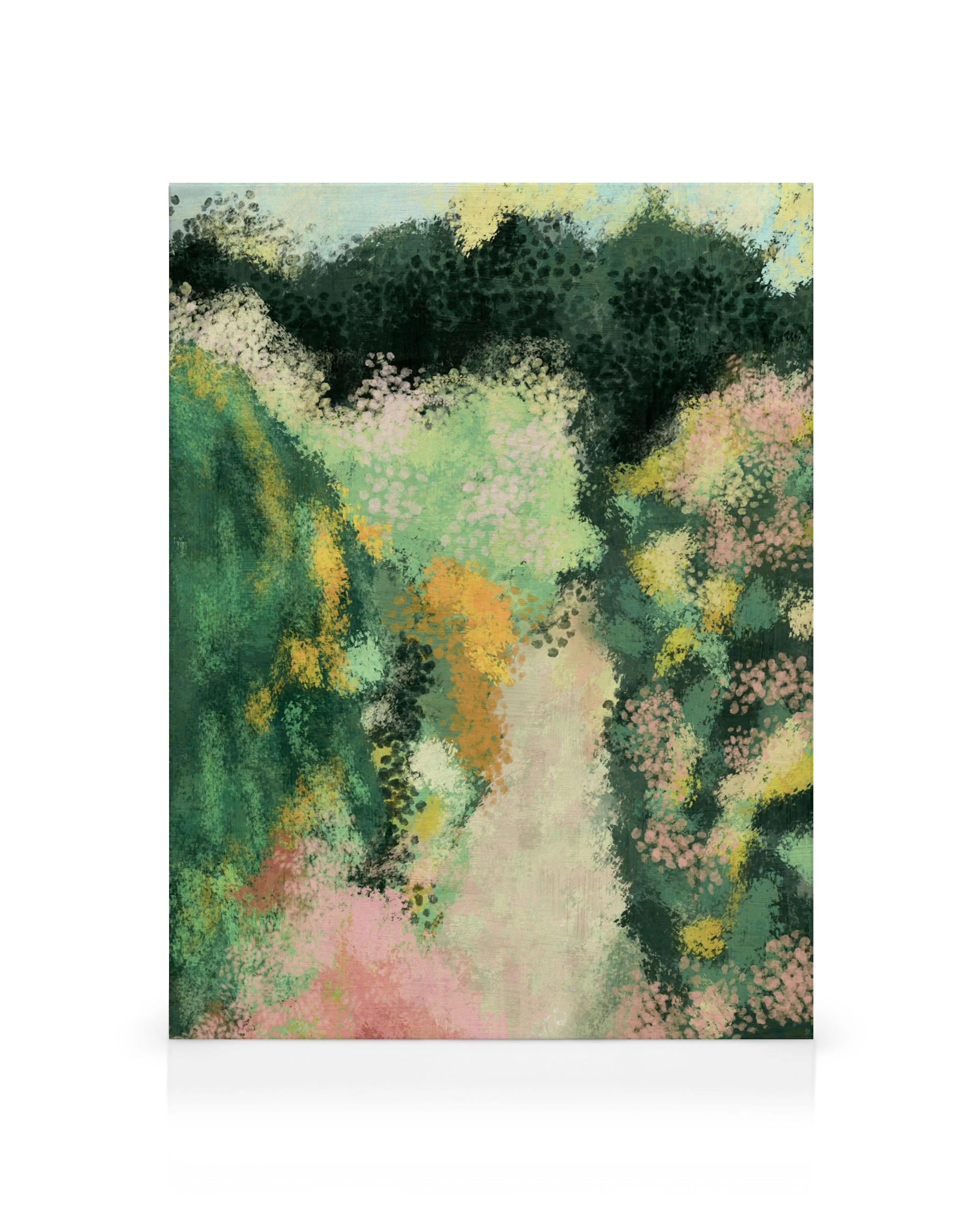 Lienzo abstracto con tonos verdes, negros, rosas, amarillos y blancos, creando un diseño orgánico y texturizado.