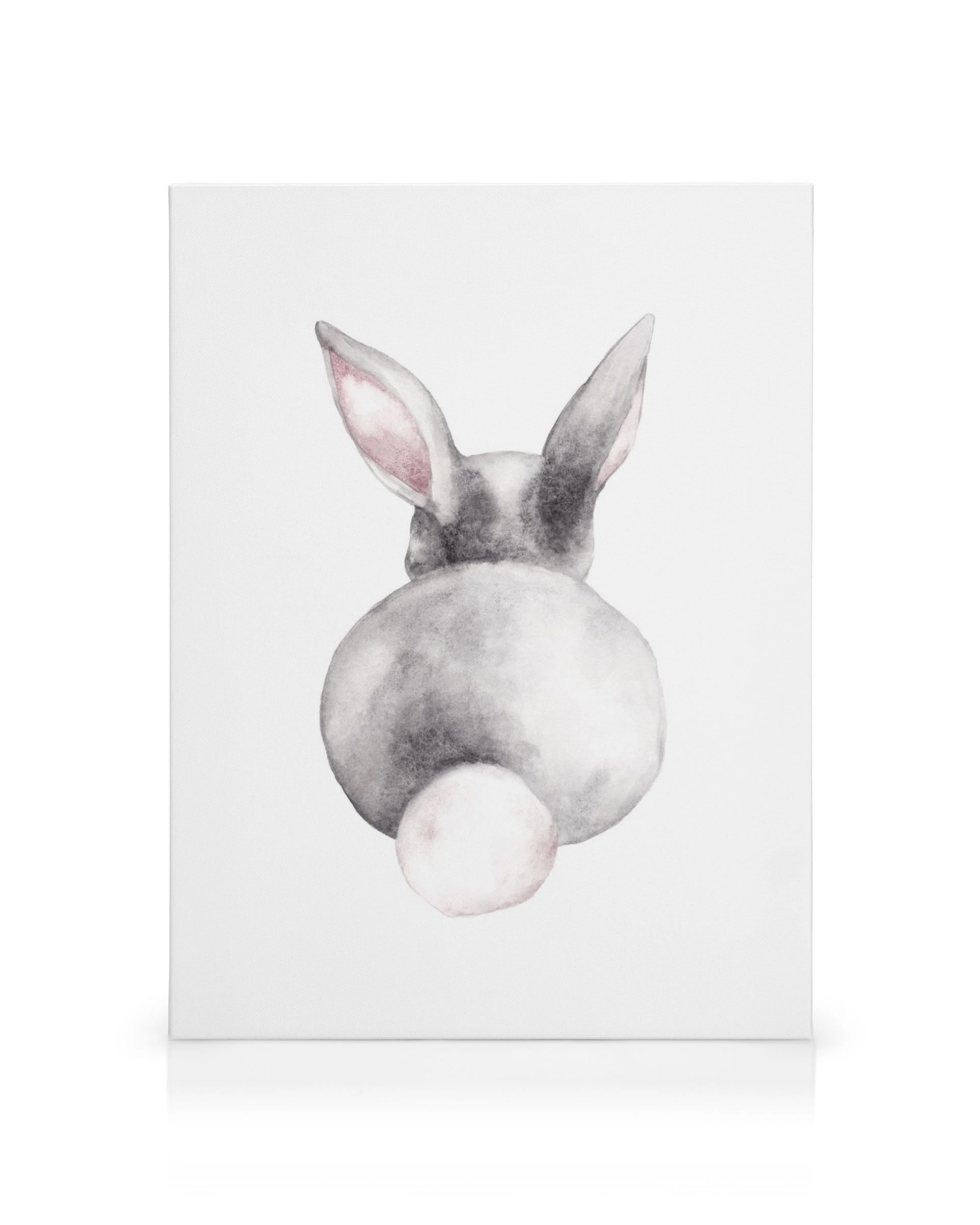Akvarel kanin bagfra på lærred, grå og hvid med lyserøde ører/hale, minimalistisk dyrekunst