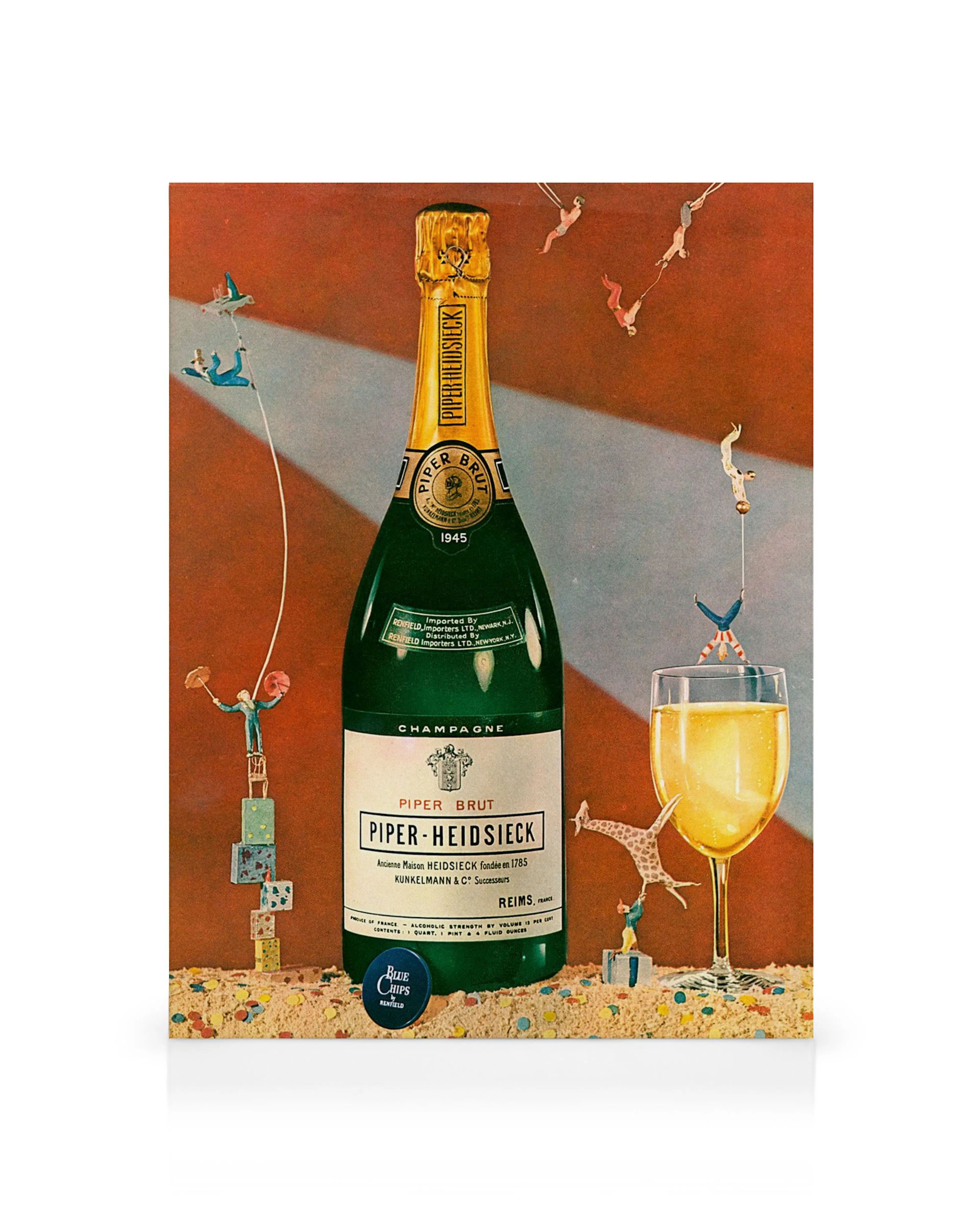 Vintage Champagne lærred med Piper-Heidsieck flaske og glas, omgivet af akrobater og konfetti.