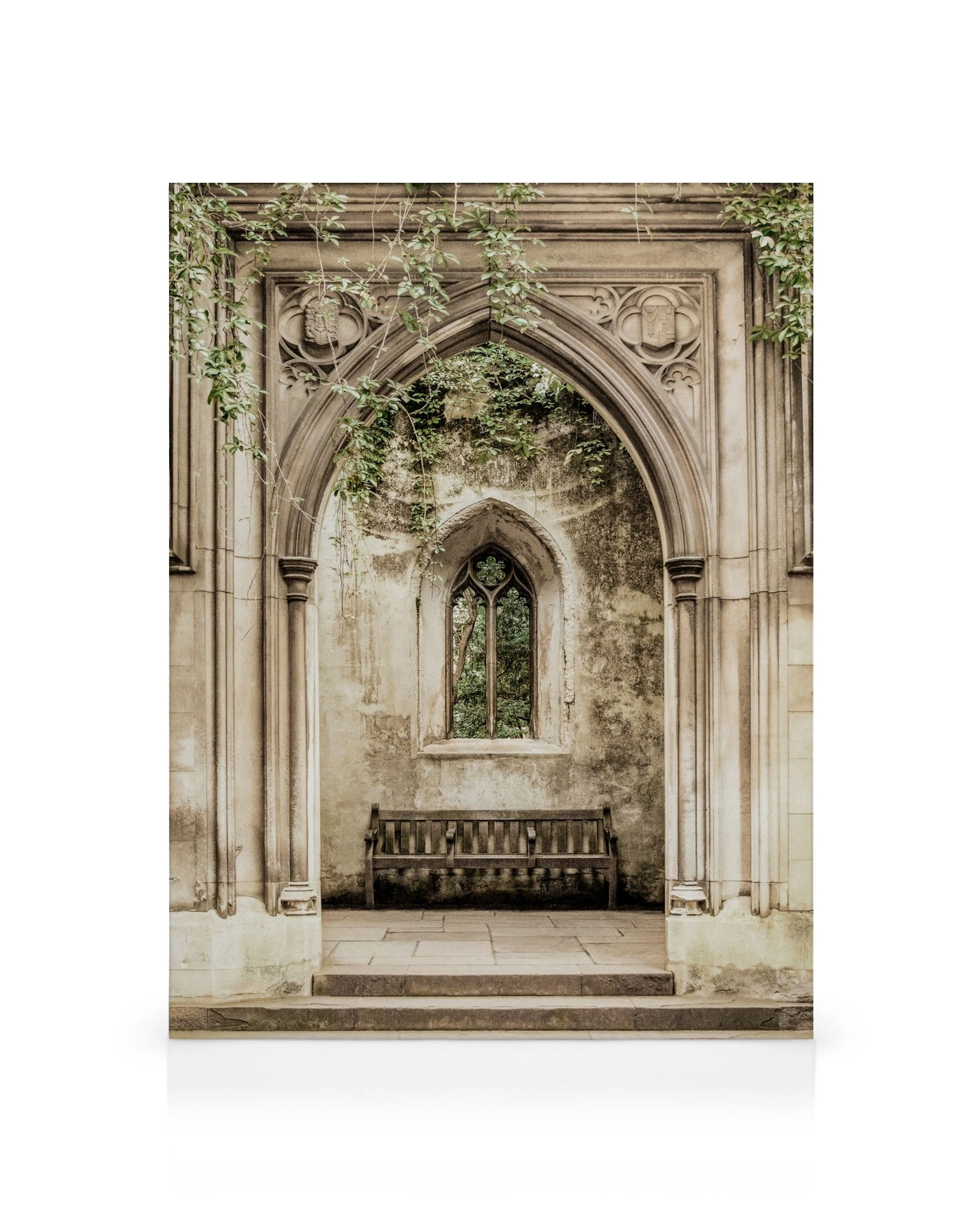 Ancient Arch canvas print showing a weathered stone archway with a bench, gothic window, and hanging vines.