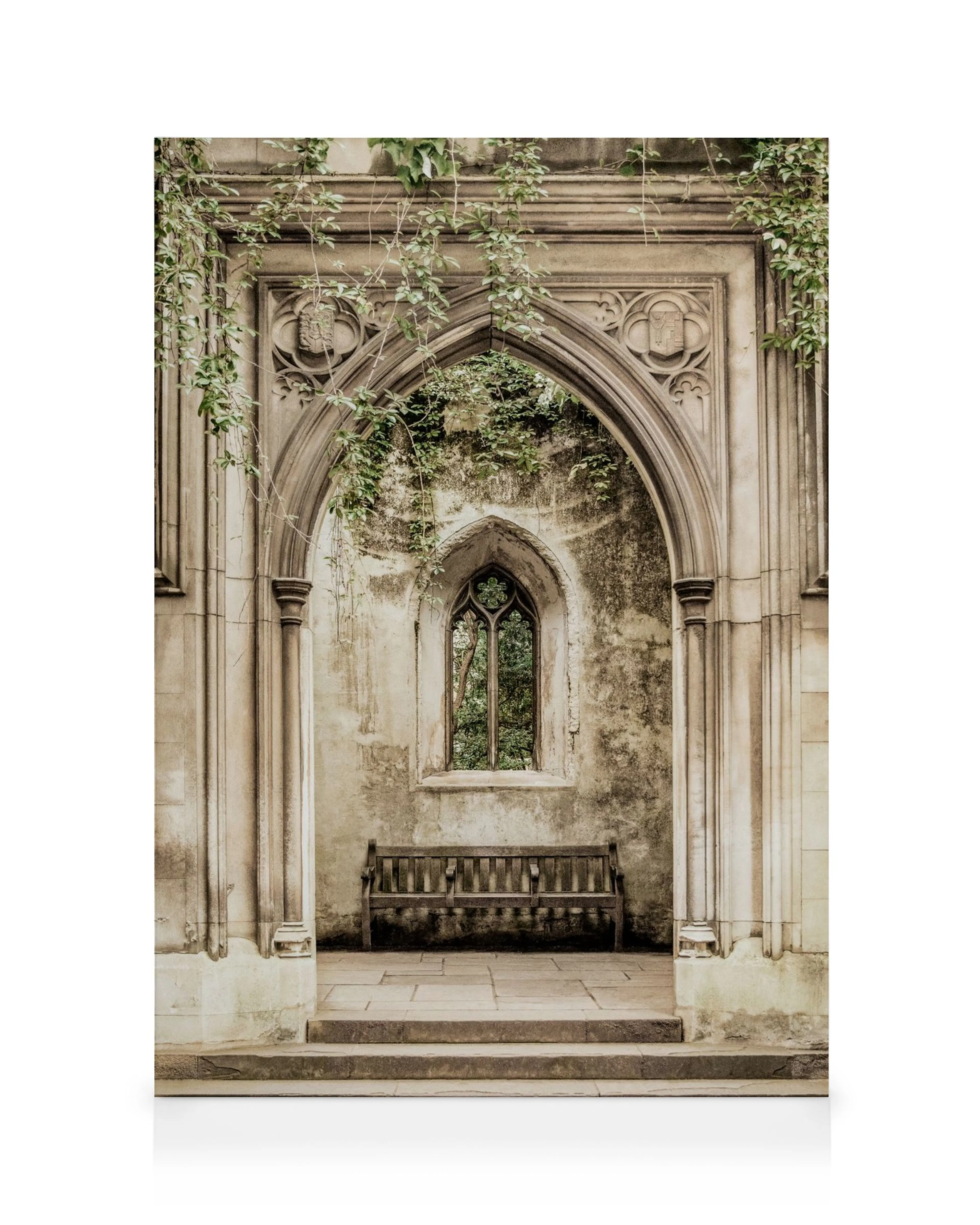Ancient stone archway with gothic window, wooden bench, and ivy-covered walls in a historical setting.