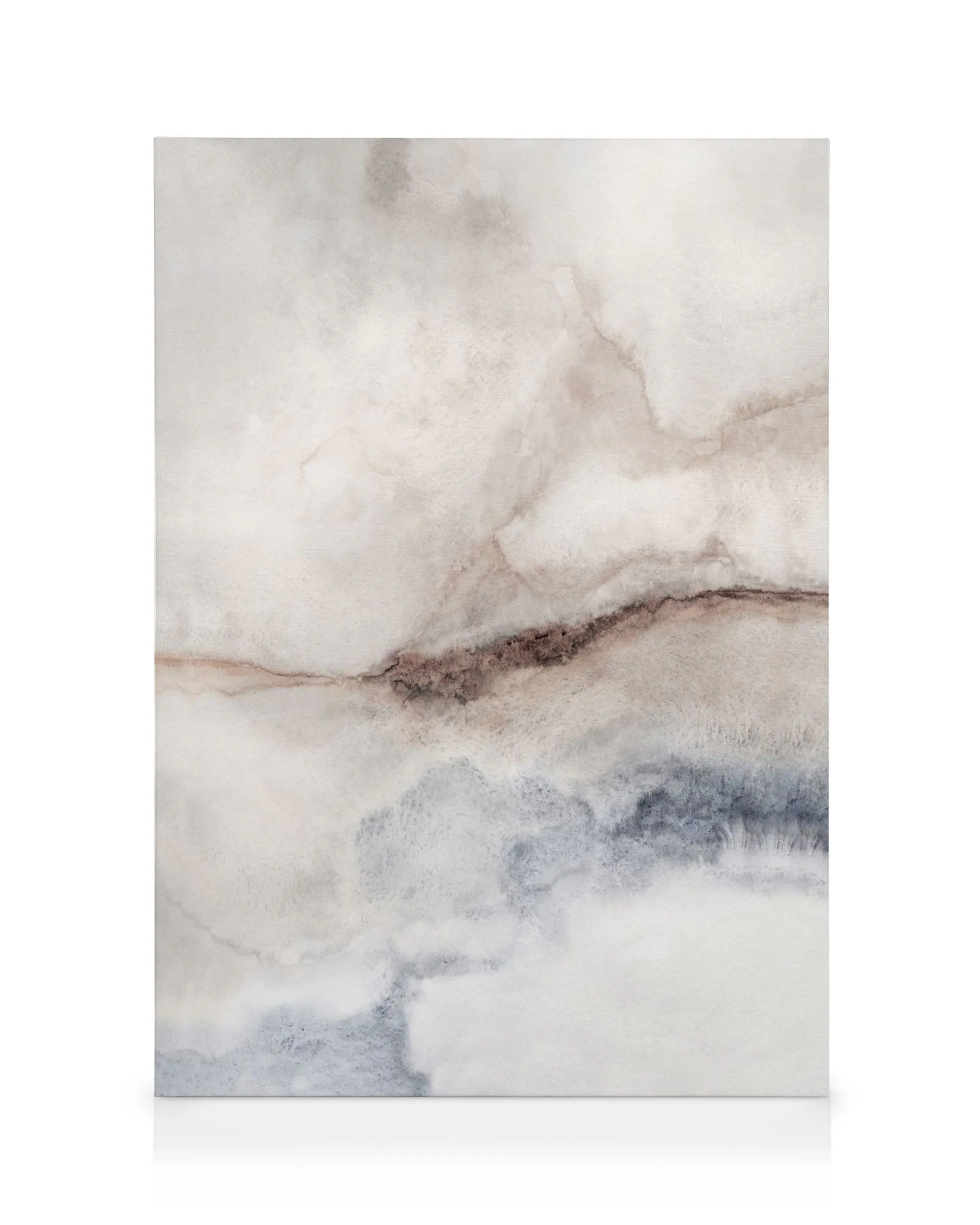Stampa su tela astratta con colori tenui: bianco, beige, marrone e blu, che si fondono creando una texture effetto marmo.