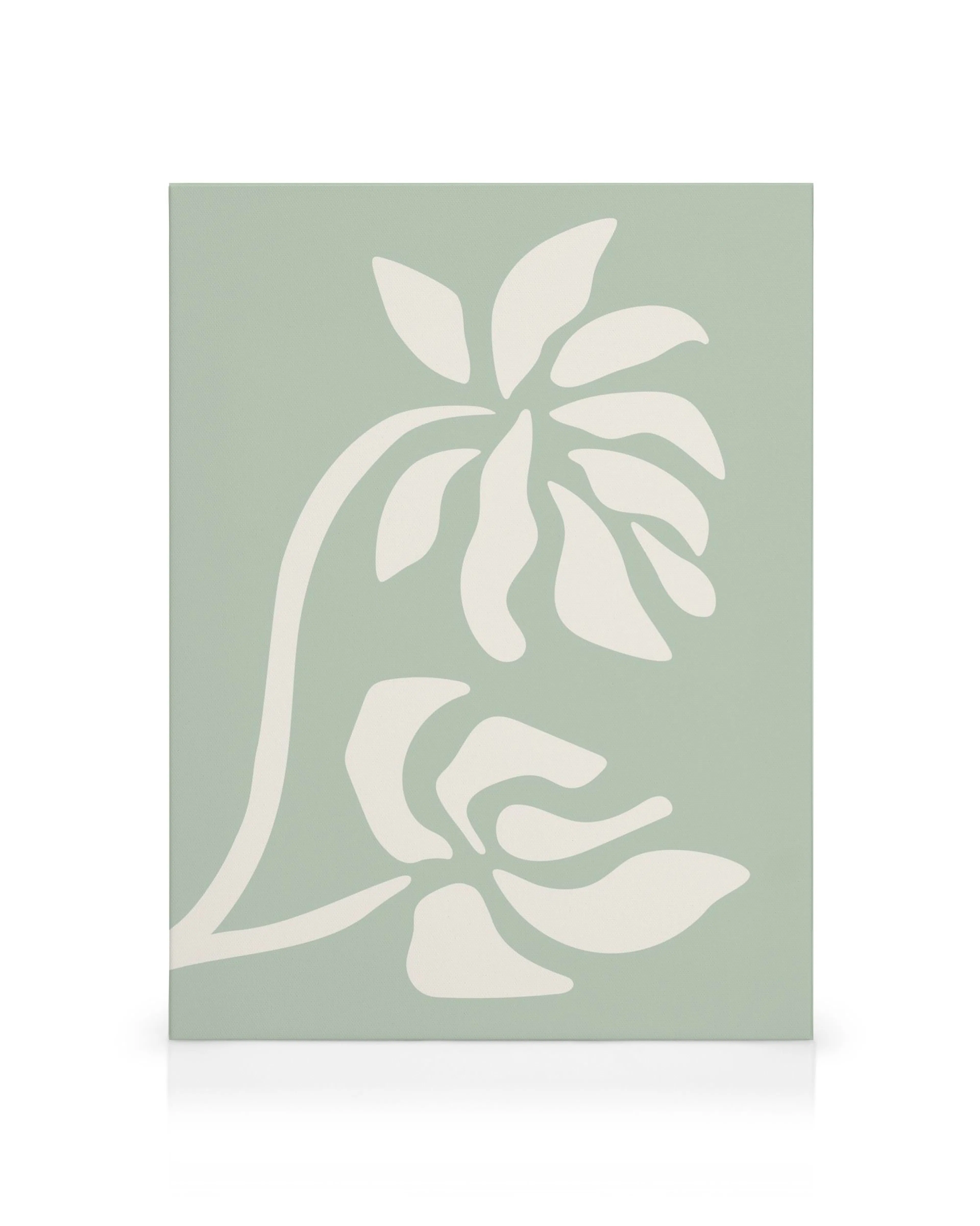 Green Florals canvas print with white abstract floral shapes on a sage green background, perfect for modern botanical decor.