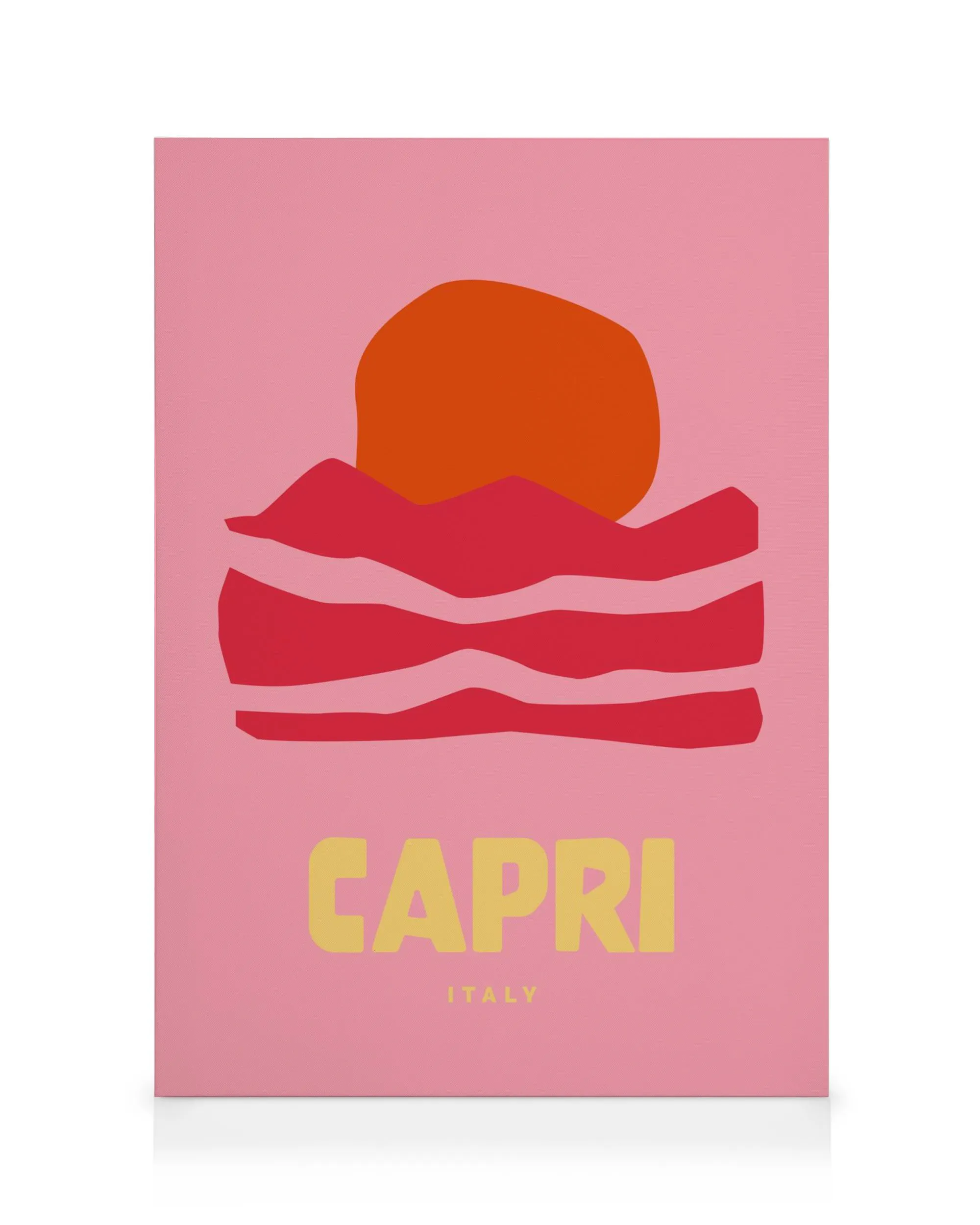 Plátno s grafikou Capris, oranžové slnko nad červenými vlnami a nápisom Capri Italy na ružovom pozadí.