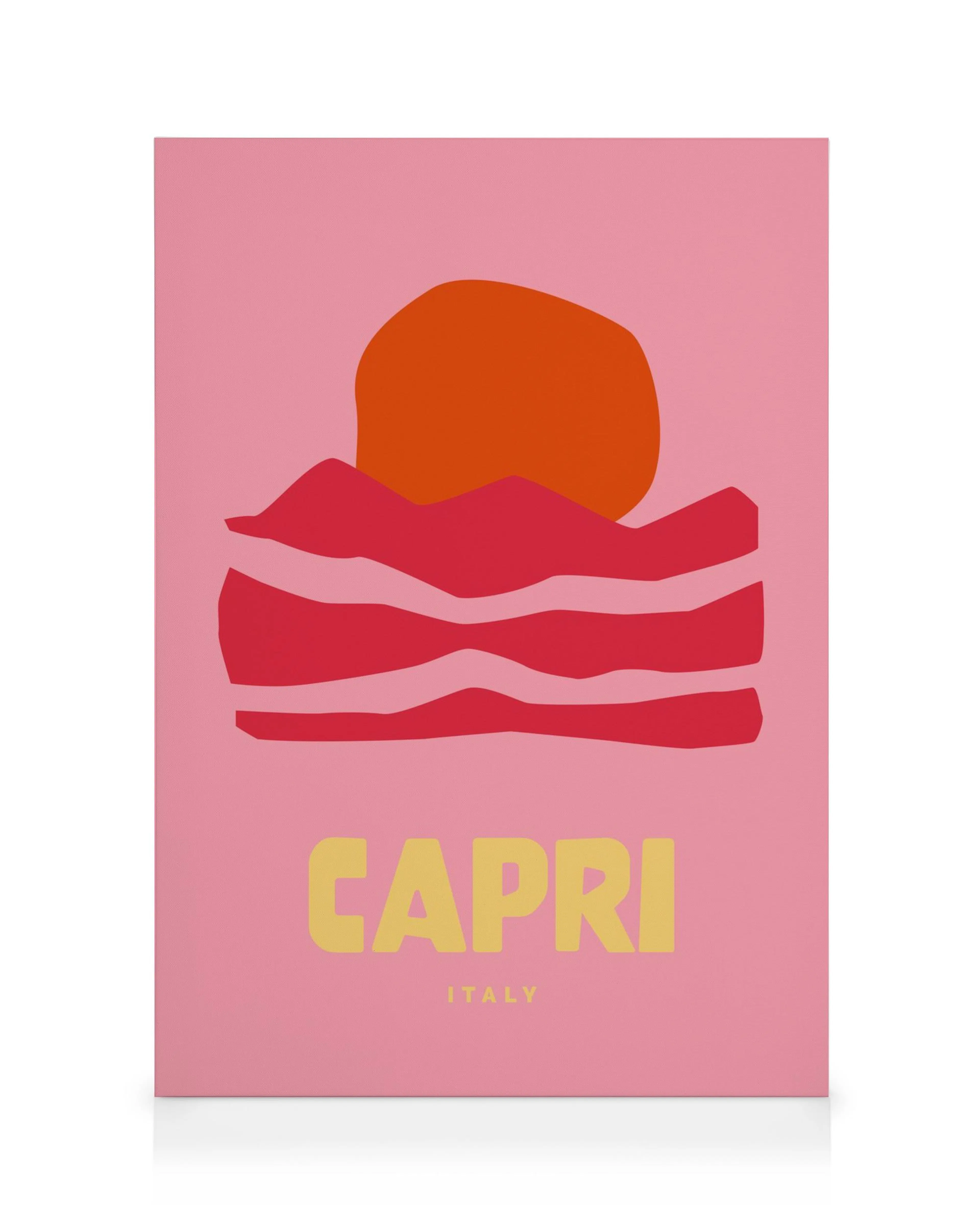 Plátno s grafikou Capris, oranžové slnko nad červenými vlnami a nápisom Capri Italy na ružovom pozadí.