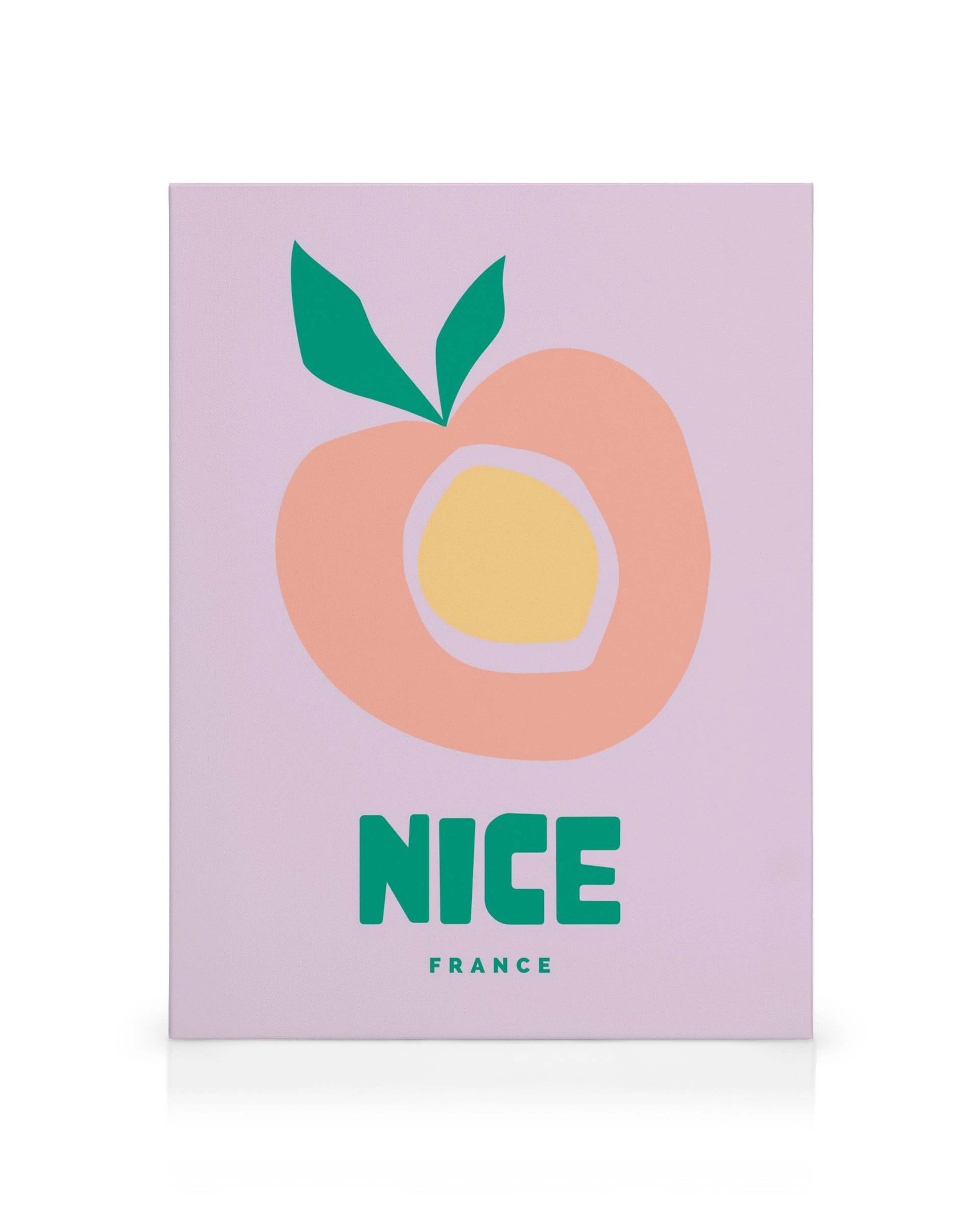 Leinwandbild mit rosa Hintergrund, verspielter Pfirsich-Grafik, umrandet in Orange mit grünen Blättern und Schriftzug Nice Franc