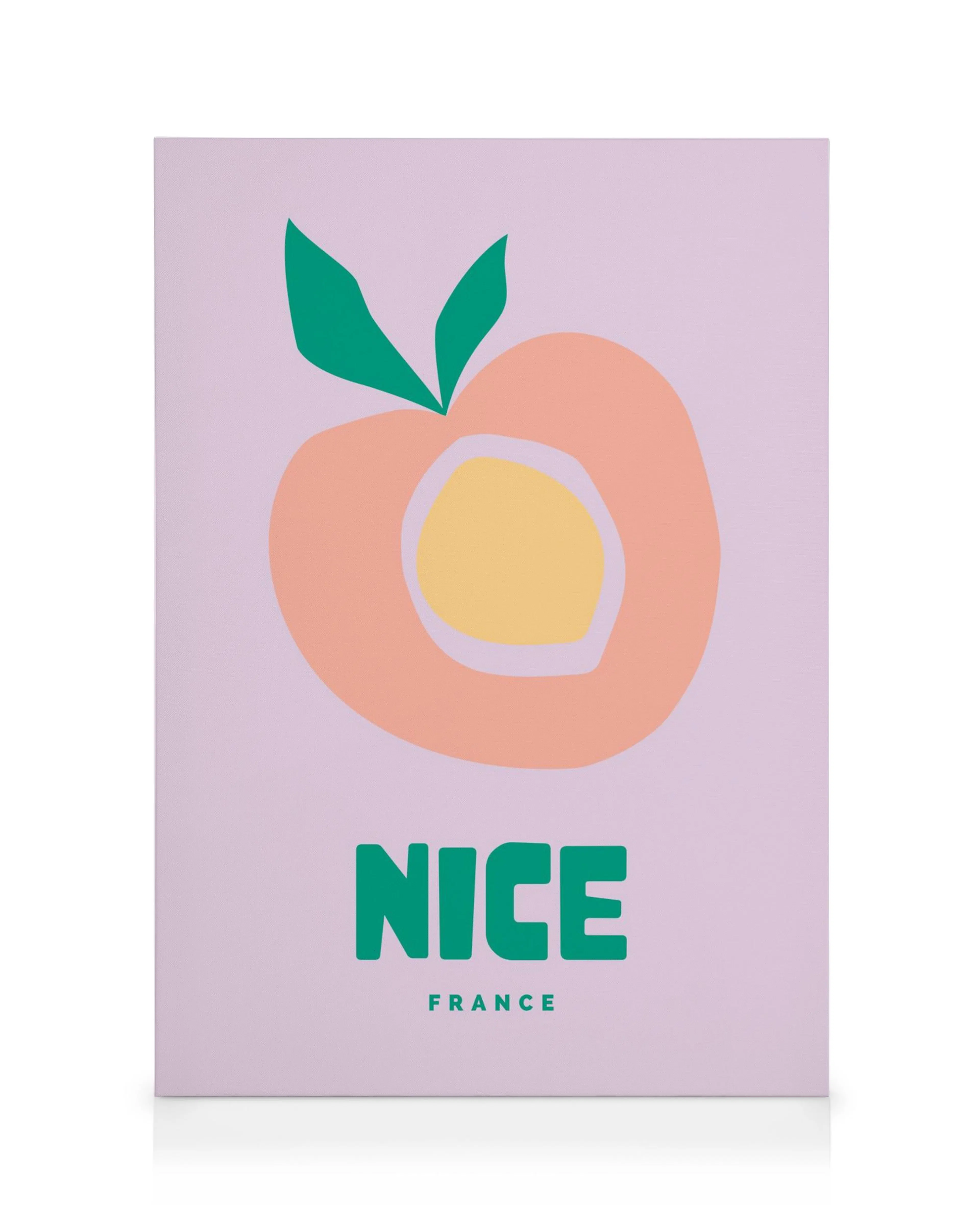 Lienzo rosa claro con melocotón naranja, corazón amarillo, hojas verdes y texto NICE FRANCE. Arte mural vibrante.