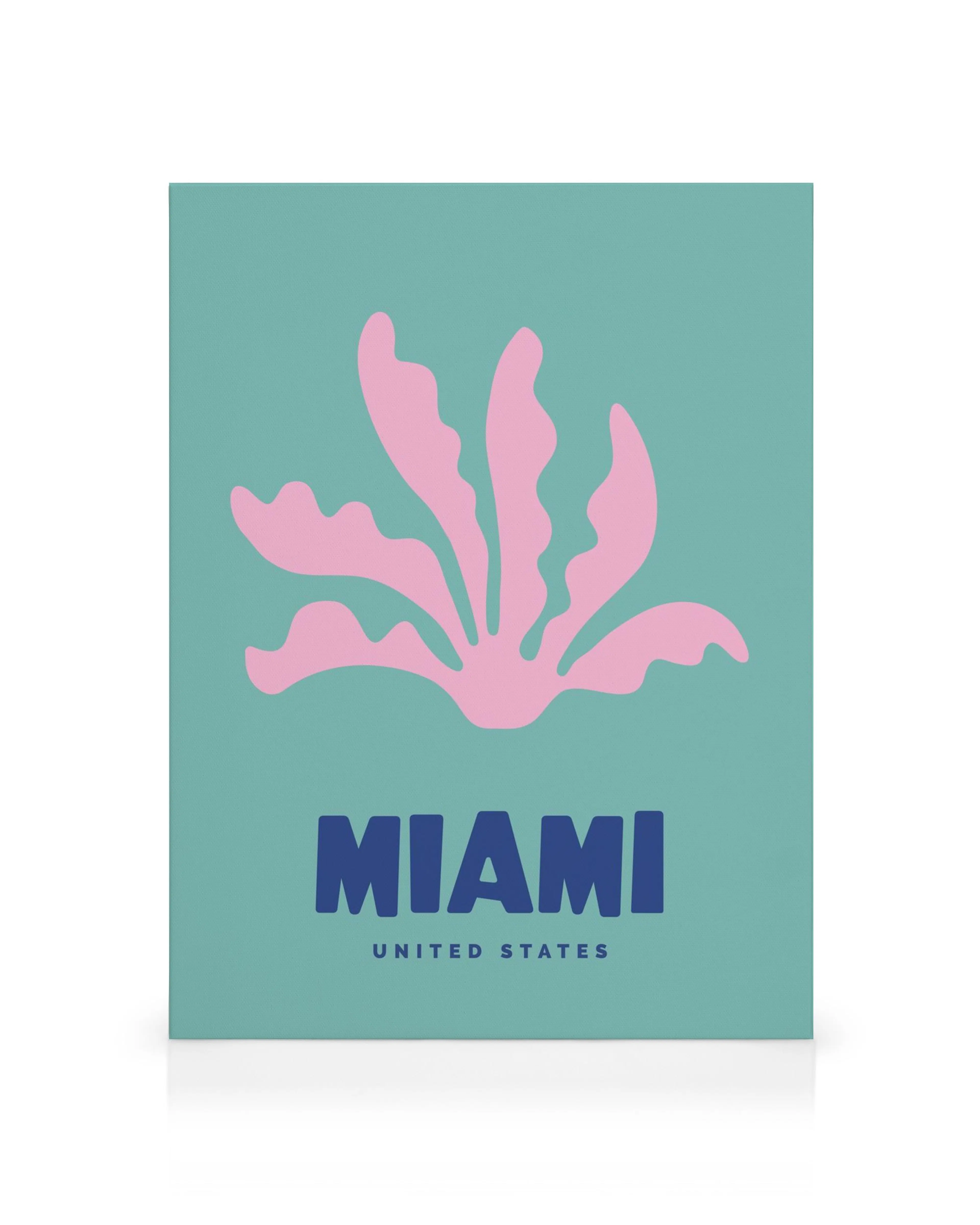 Graafinen Miami-kanvaasi vaaleanpunaisella kasvilla, sinisellä tekstillä MIAMI UNITED STATES turkoosilla taustalla.
