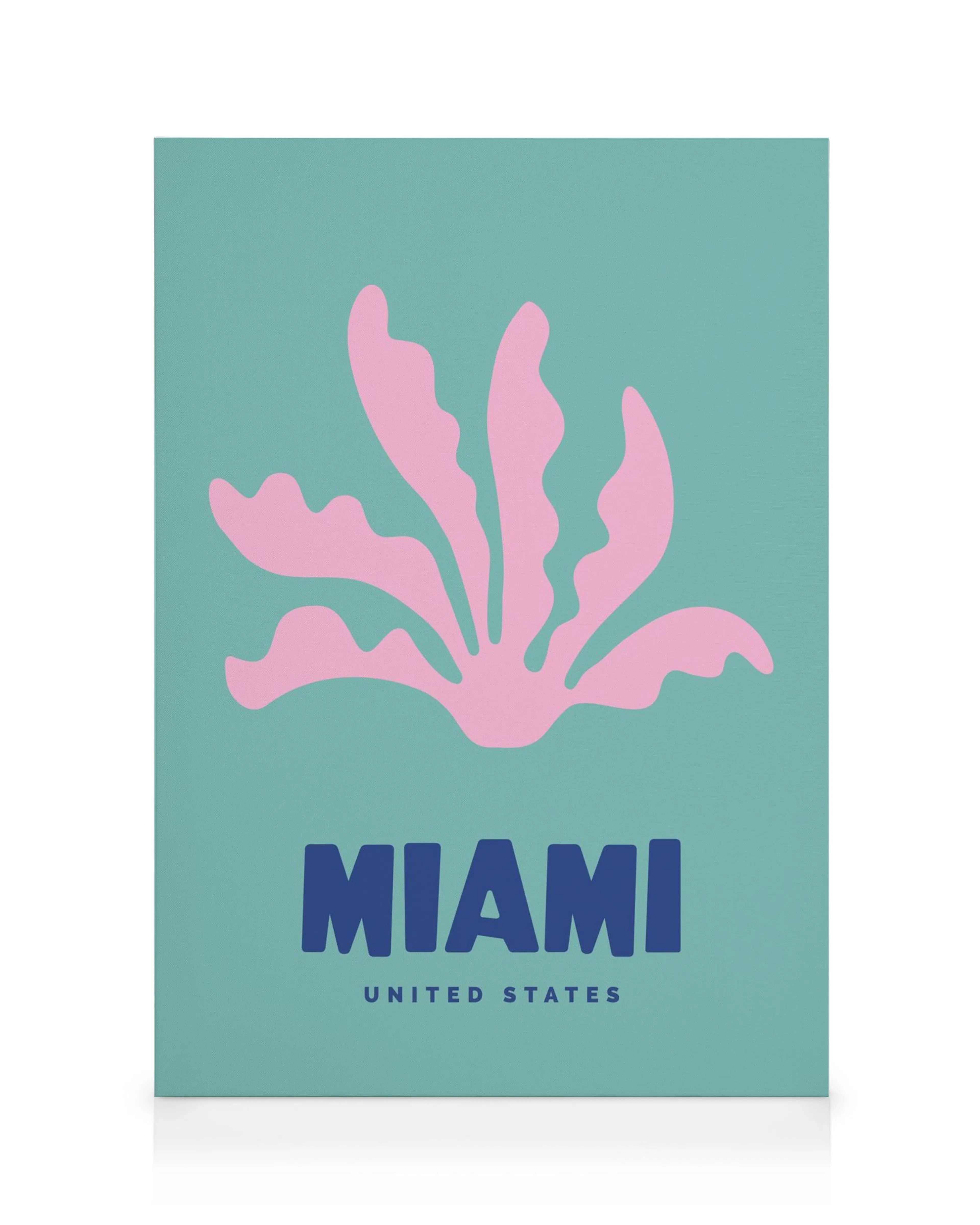 Lienzo gráfico con salpicadura rosa abstracta sobre fondo azul claro, texto Miami United States en azul oscuro.