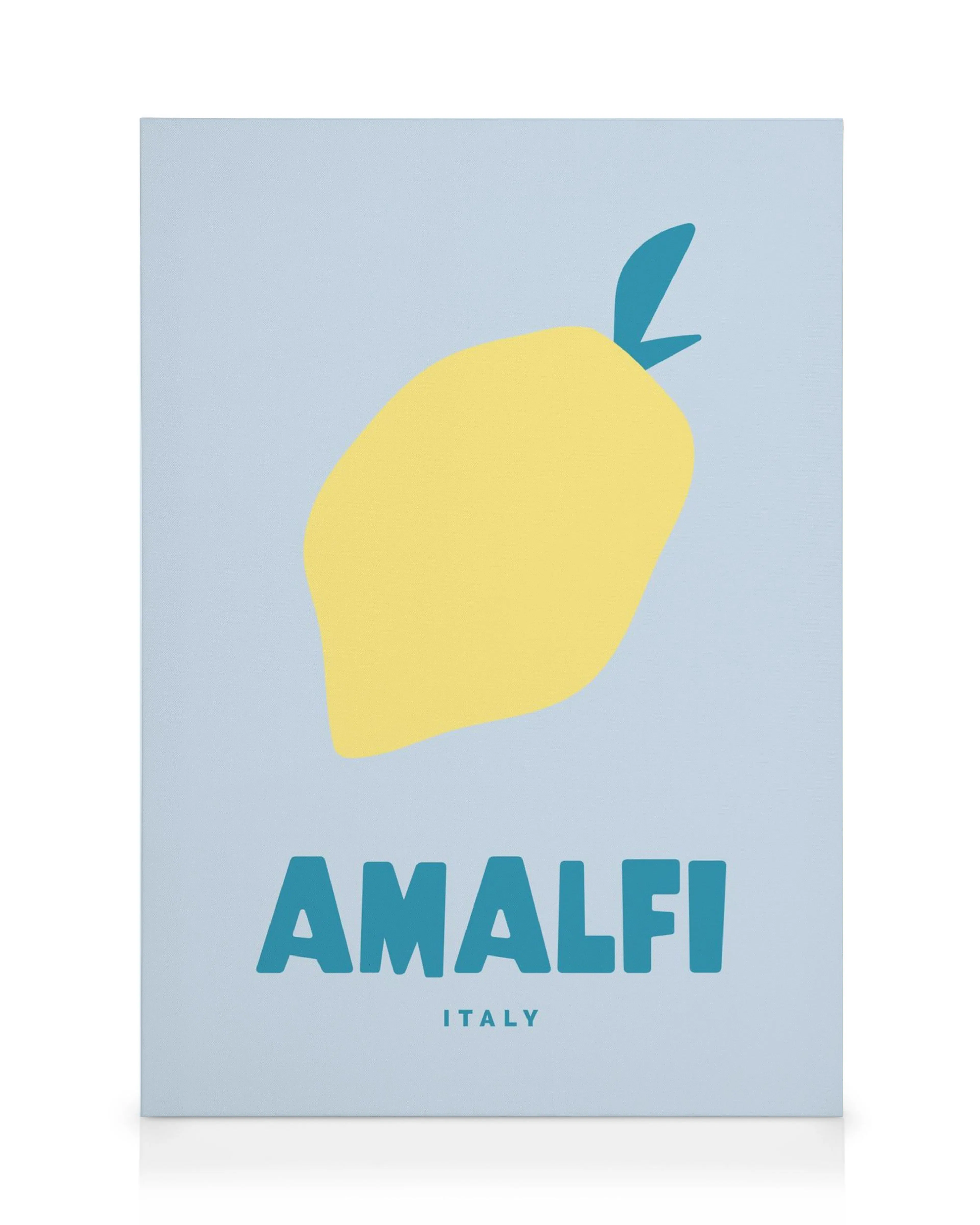Moderne canvas met minimalistische gele citroen en blauwe Amalfi tekst op lichtblauwe achtergrond. Muurkunst.