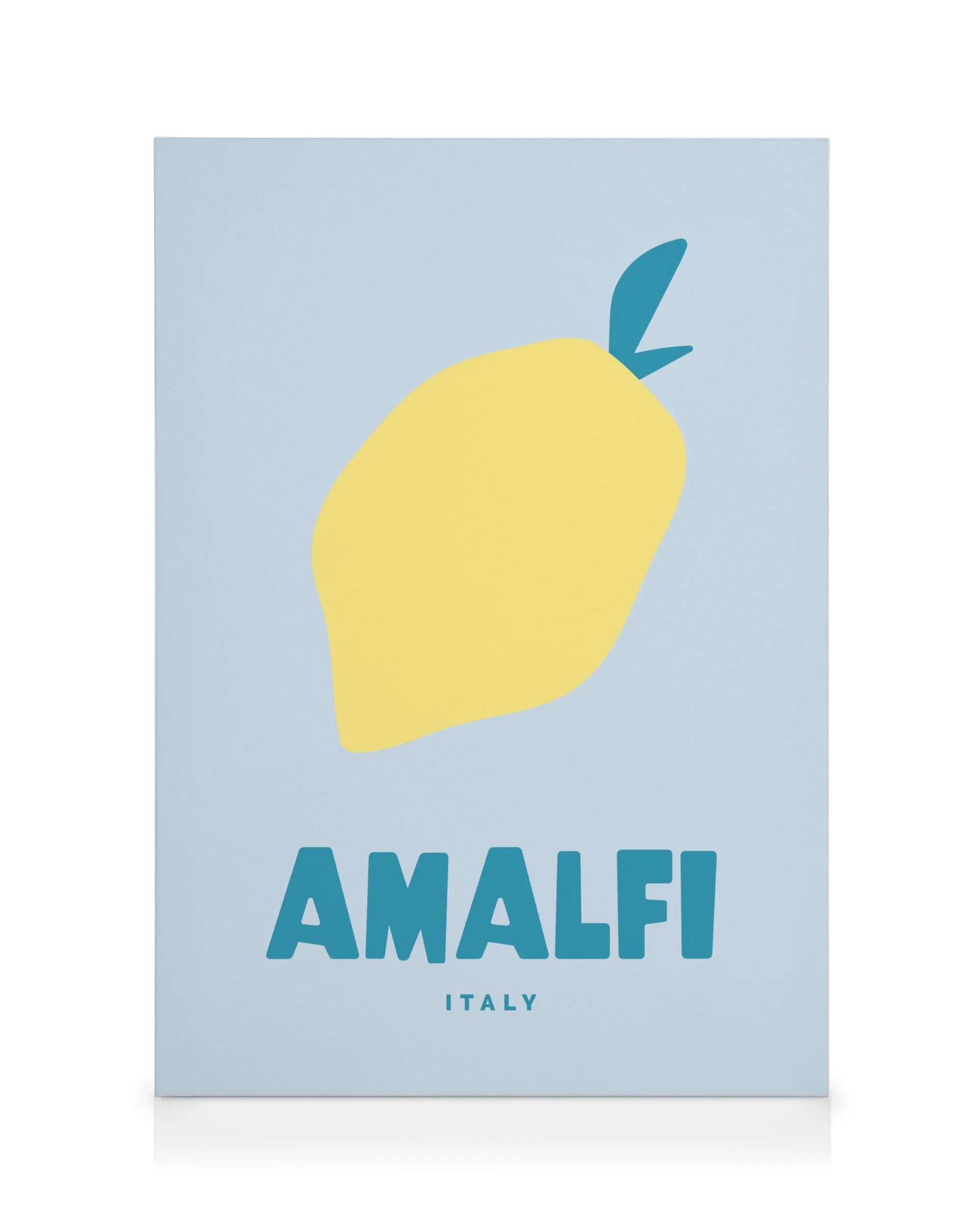 Stampa su tela Amalfi con limone giallo stilizzato su sfondo azzurro, testo Amalfi in blu.