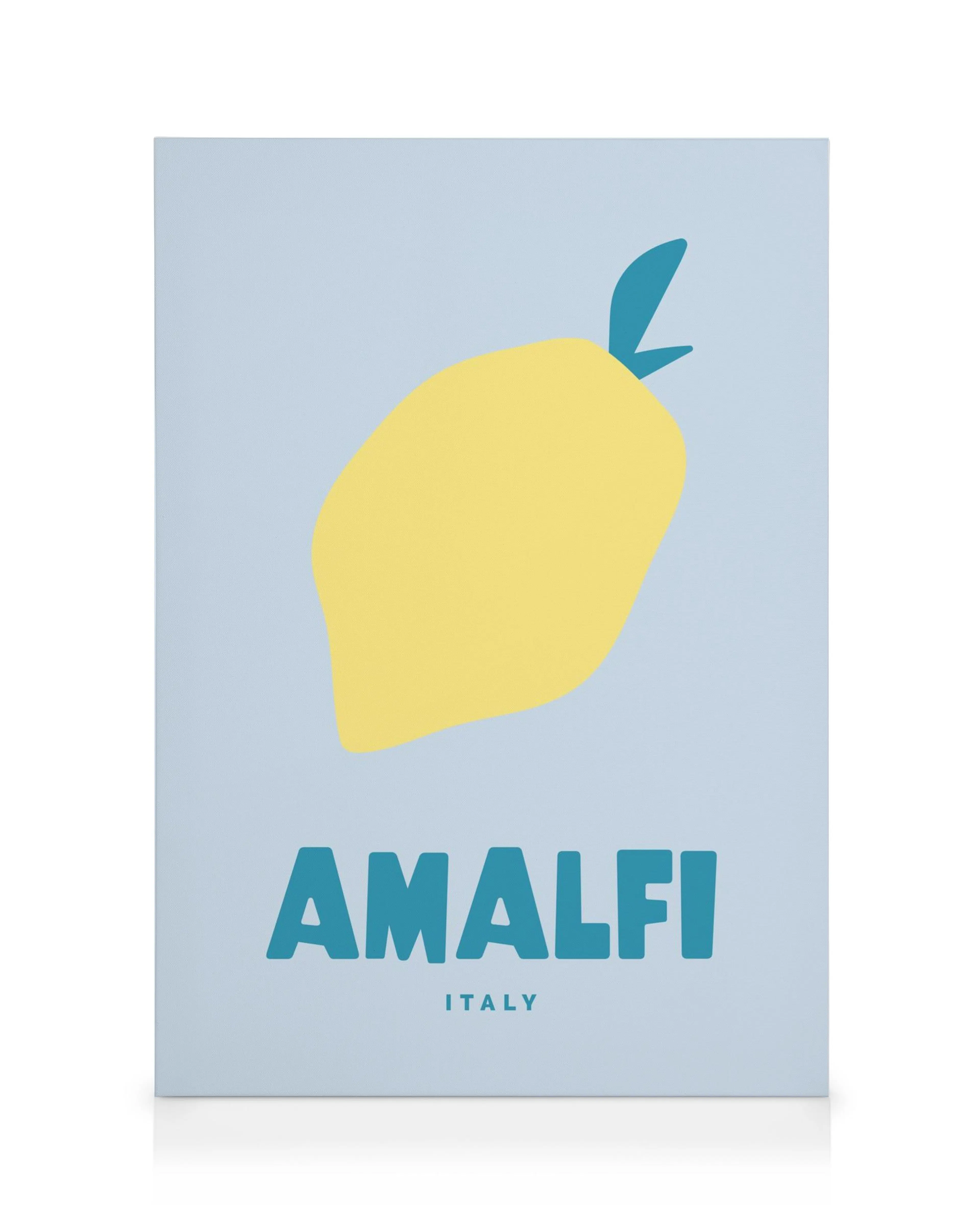 Lienzo Amalfi con limón amarillo estilizado y texto Amalfi Italy en azul sobre fondo azul pálido, diseño moderno.